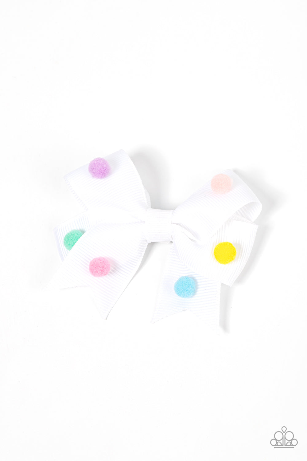 Pom Poms Promenade Multi Hair Clip - Paparazzi Accessories Dainty multicolored pom poms dot the front of a ribbed white ribbon that neatly knots into a charming bow, creating a whimsical centerpiece. Features a standard hair clip on the back. Sold as one individual hair clip.