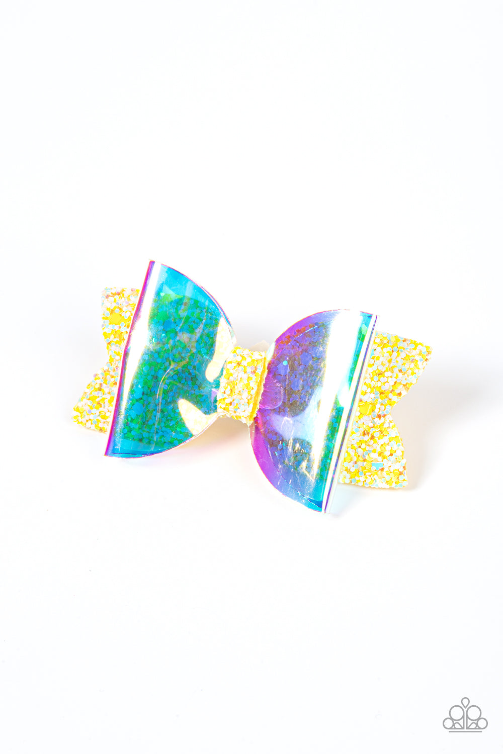 Futuristic Favorite Yellow Hair Clip - Paparazzi Accessories An iridescent plastic bow is layered over a glittery yellow fabric cutout creating a shimmering futuristic vibe. Features a standard hair clip on the back. Sold as one individual hair clip.