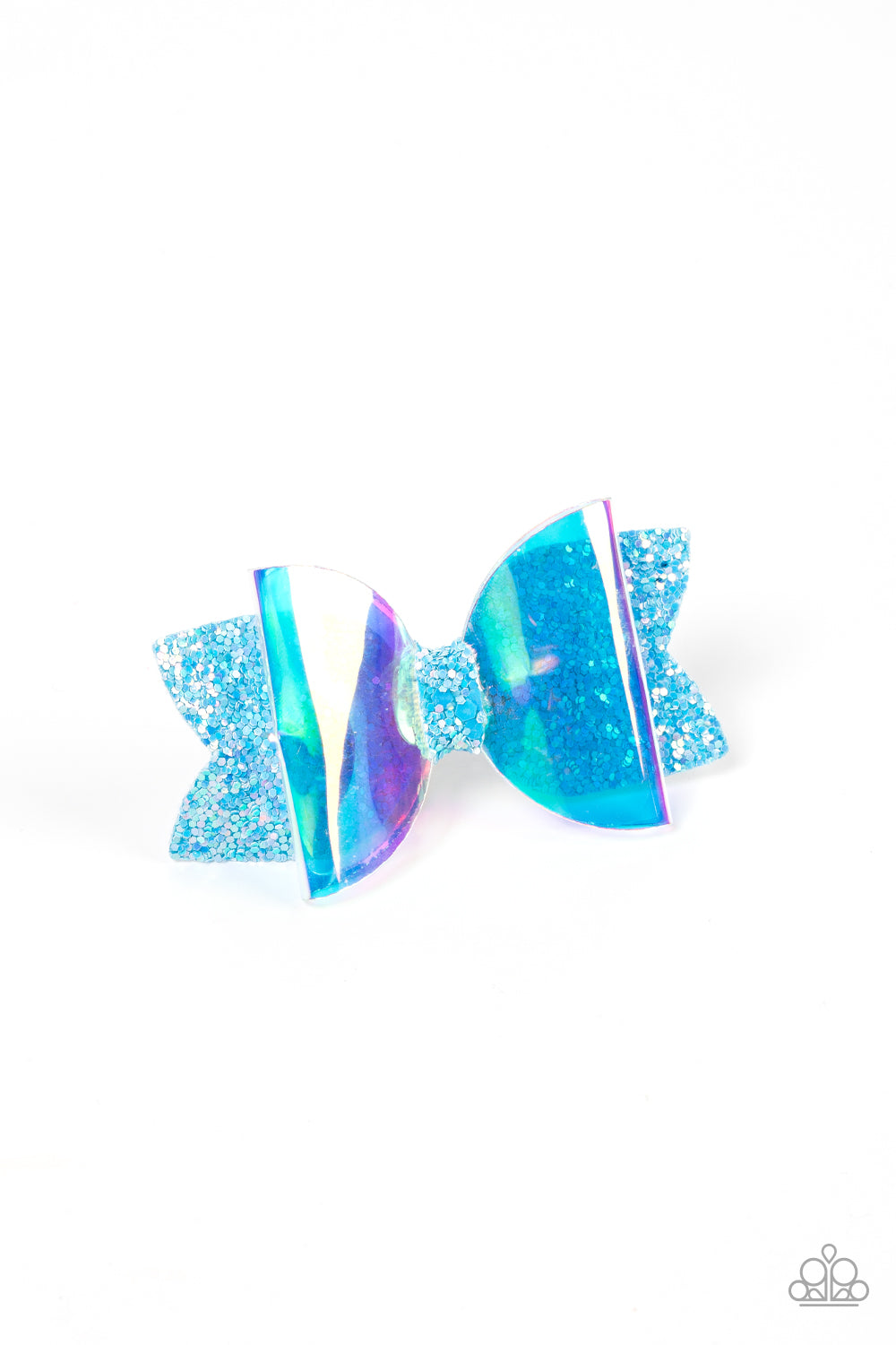 Futuristic Favorite Blue Hair Clip - Paparazzi Accessories An iridescent plastic bow is layered over a glittery blue fabric cutout creating a shimmering futuristic vibe. Features a standard hair clip on the back. Sold as one individual hair clip.