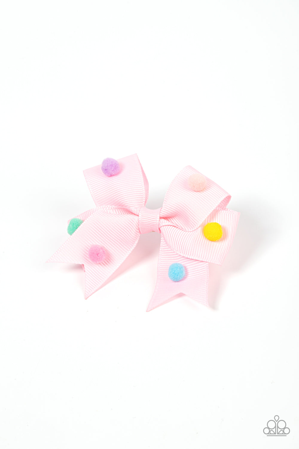 Pom Poms Promenade Pink Hair Clip - Paparazzi Accessories Dainty multicolored pom poms dot the front of a ribbed Pale Rosette ribbon that neatly knots into a charming bow, creating a whimsical centerpiece. Features a standard hair clip on the back. Sold as one individual hair clip.