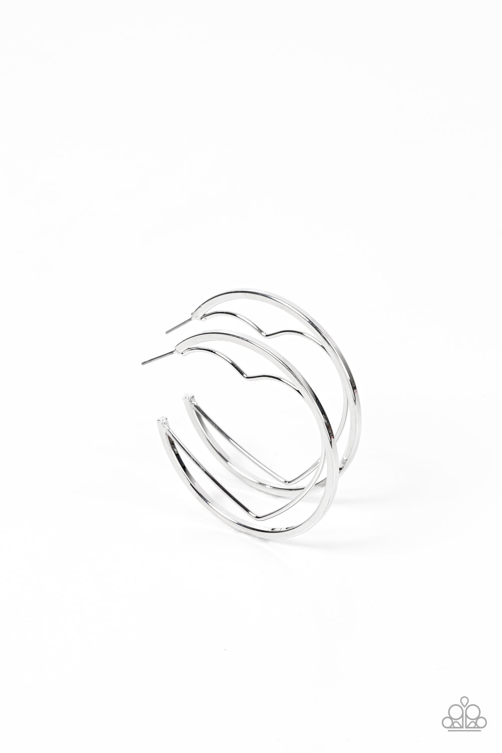 Love Goes Around Silver Hoop Earring - Paparazzi Accessories A silver wire heart is encircled in an oversized silver hoop, resulting in a heart-stopping shimmer. Earring attaches to a standard post fitting. Hoop measures approximately 2" in diameter. Sold as one pair of hoop earrings.