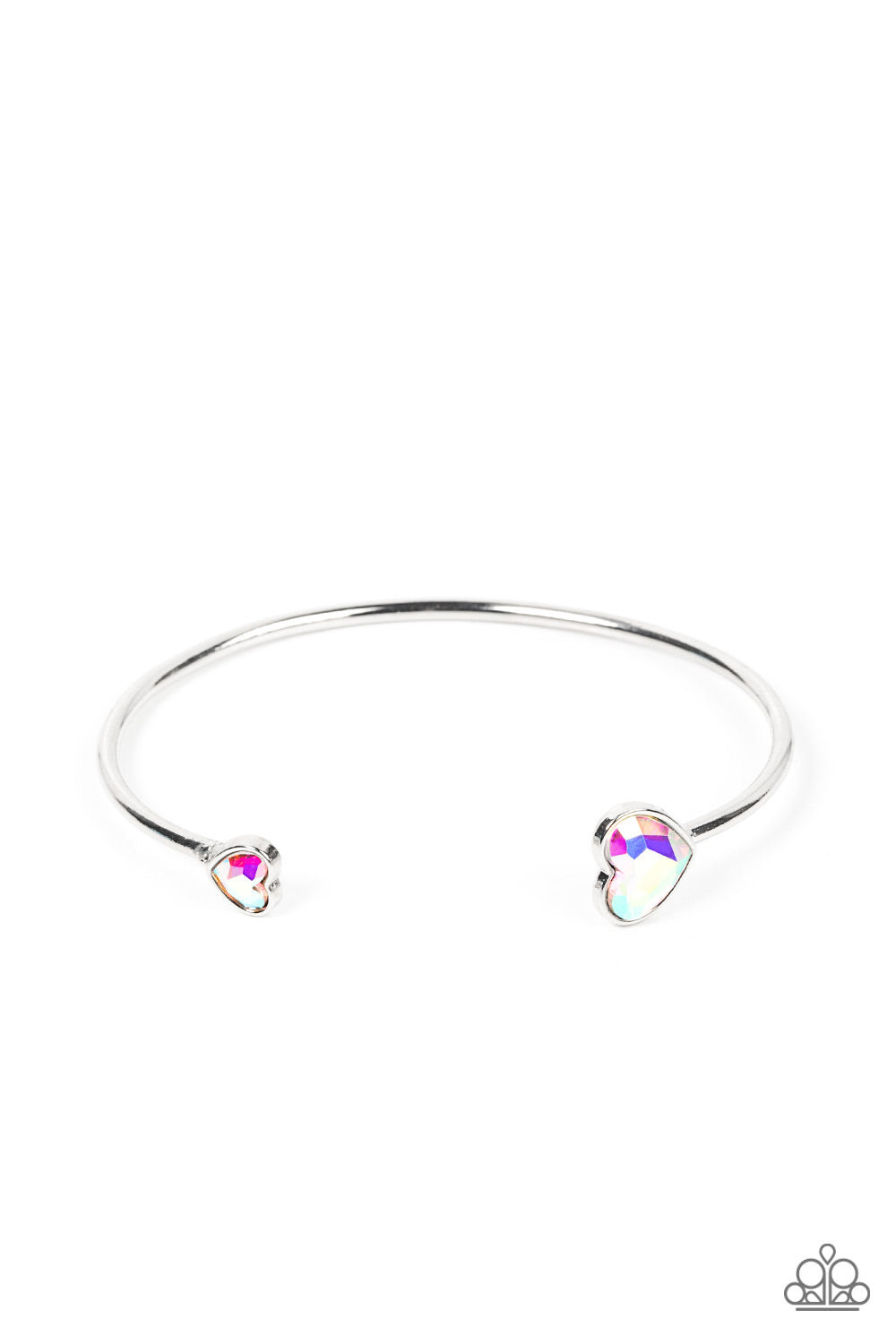 Unrequited Love Iridescent Heart Cuff Bracelet - Paparazzi Accessories Enhanced with iridescent rhinestones, two silver hearts adorn the ends of a silver band that curls around the wrist for a flirtatious open-faced style cuff. Sold as one individual bracelet.