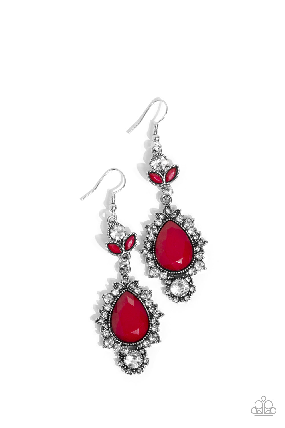 SELFIE-Esteem Red Earring- Paparazzi Accessories Dotted with dainty white rhinestones, leafy silver frames bloom from an oversized red teardrop bead that delicately hangs from a leafy white rhinestone and red beaded fitting for a whimsical finish. Earring attaches to a standard fishhook fitting. Sold as one pair of earrings.