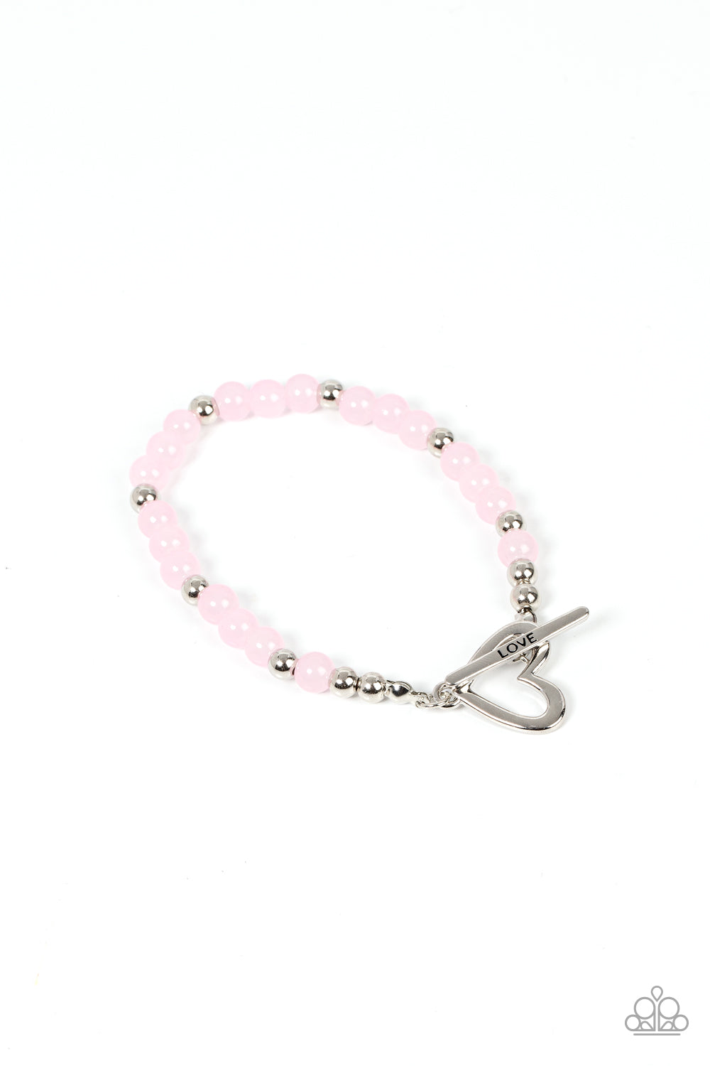 Following My Heart Pink Bracelet - Paparazzi Accessories A shiny silver heart frame interlocks with a toggle closure at the center of a shiny silver and dewy Pale Rosette beaded bracelet. The silver toggle is stamped in the word, "love," for a romantic finish. Features a toggle closure. Sold as one individual bracelet.