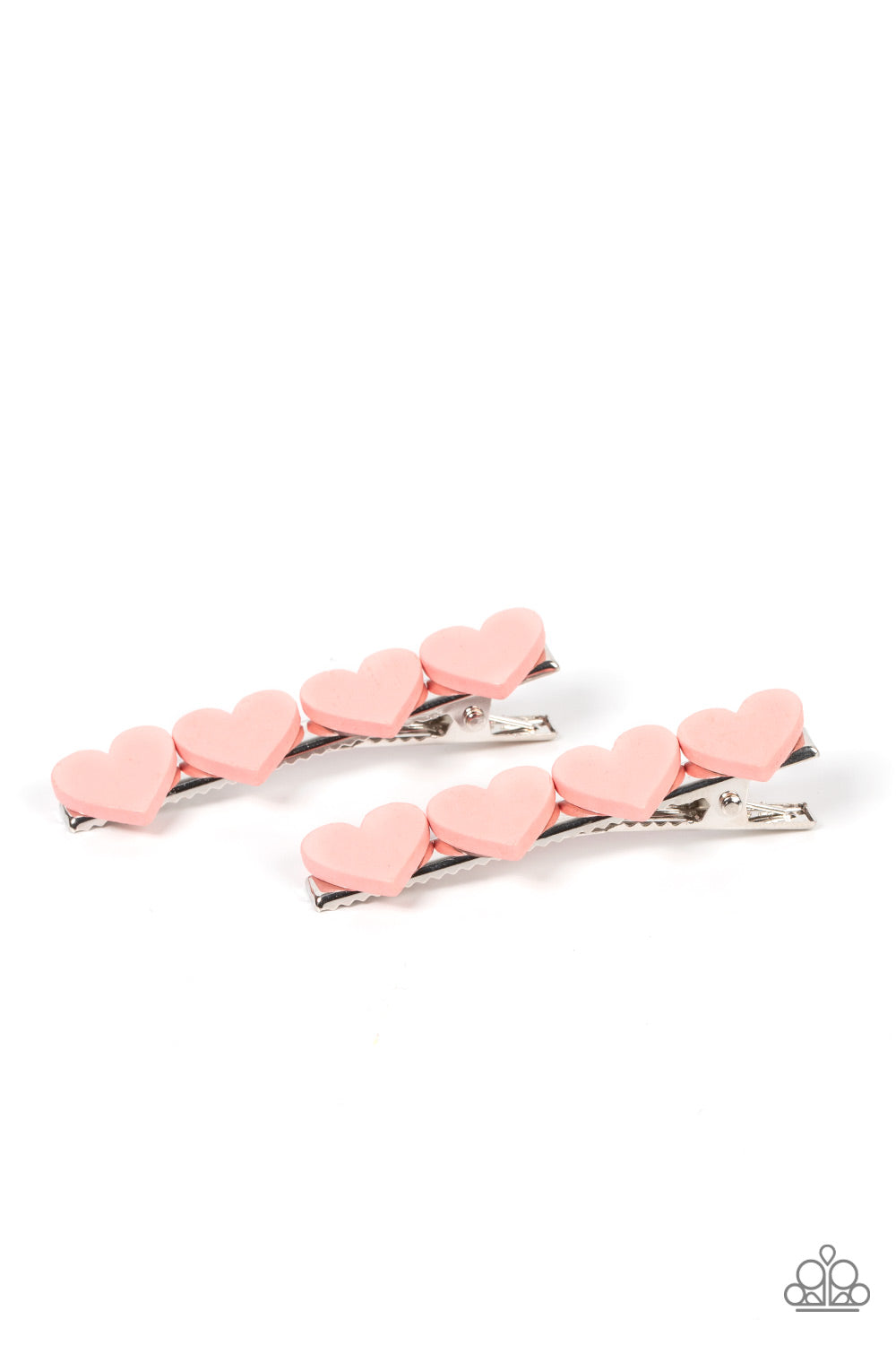 Sending You Love Pink Hair Clip - Paparazzi Accessories Rows of Pale Rosette wooden heart frames embellish the front of a silver frame, resulting in a flirtatious clip. Features a standard hair clip on the back. Sold as one individual hair clip.