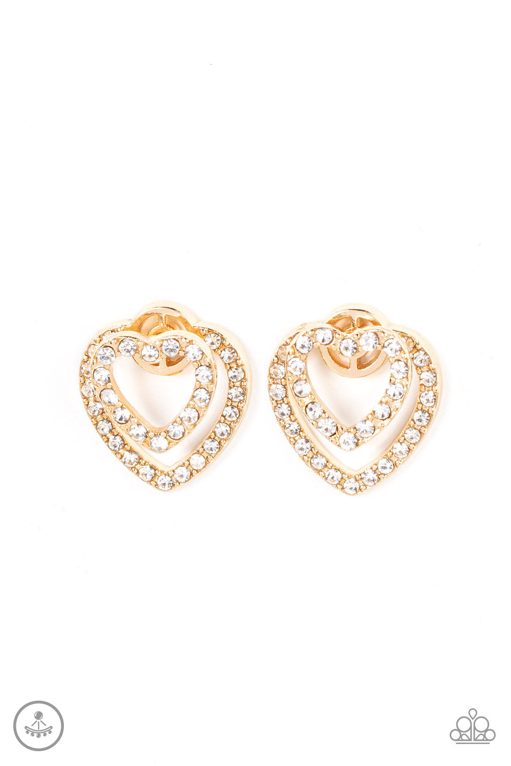 Ever Enamored Gold Jacket Earring - Paparazzi Accessories A dainty gold heart dotted in glassy white rhinestones flirtatiously attaches to a double-sided post, while a slightly larger white rhinestone encrusted gold heart peeks out beneath the ear for a romantic finish. Earring attaches to a standard post fitting. Sold as one pair of double-sided post earrings.