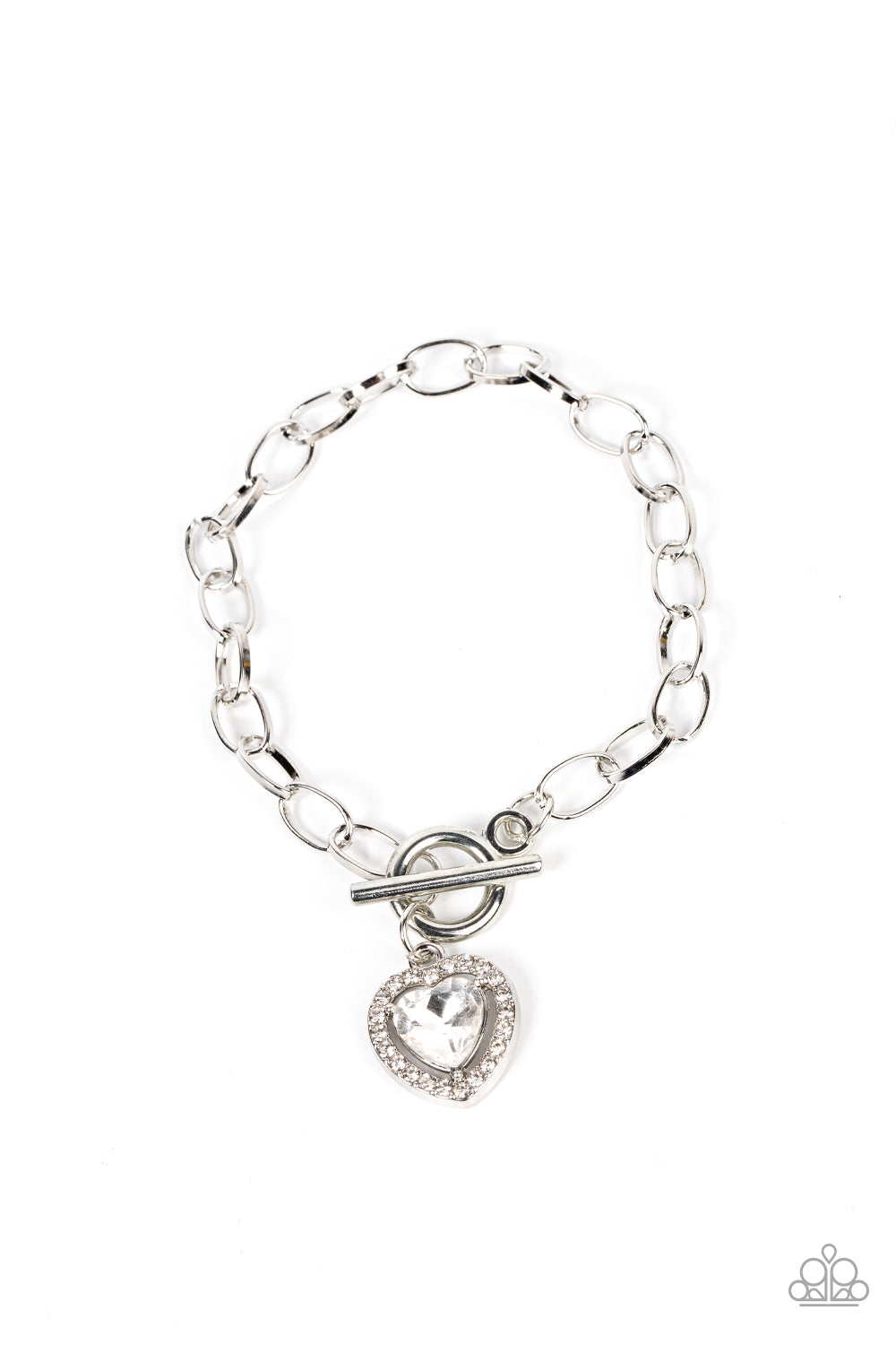 Till DAZZLE Do Us Part White Bracelet - Paparazzi Accessories Bordered in glassy white rhinestones, a white heart shaped gem sparkles from a toggle closure at the center of an oval silver linked chain for a flirtatious fashion around the wrist. Features a toggle closure. Sold as one individual bracelet.