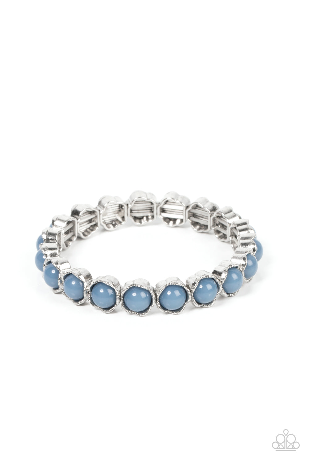 Lets be Buds Blue Bracelet - Paparazzi Accessories Textured silver petals fold around dewy Spring Lake beads along stretchy bands, resulting in a flowery pop of color around the wrist. Sold as one individual bracelet.