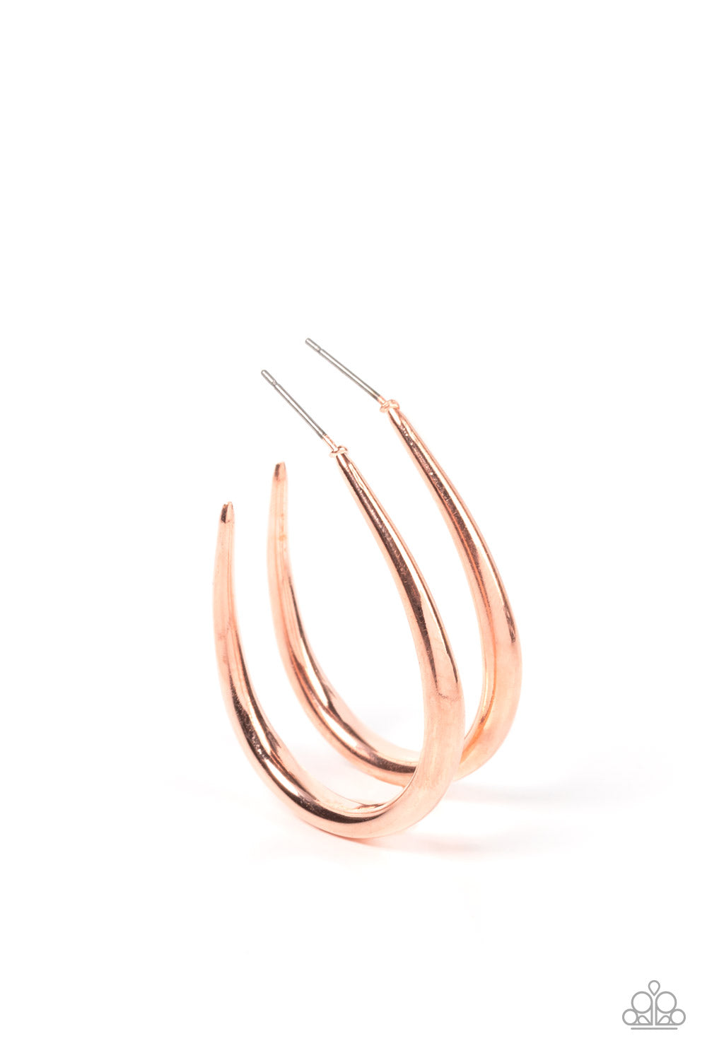 CURVE Your Appetite Shiny Copper Hoop Earring - Paparazzi Accessories A shiny copper bar sharply curves into an asymmetrical hoop, adding a flash of metallic edge to any outfit. Earring attaches to a standard post fitting. Hoop measures approximately 1 1/4" in diameter. Sold as one pair of hoop earrings. P5HO-CPSH-152XX