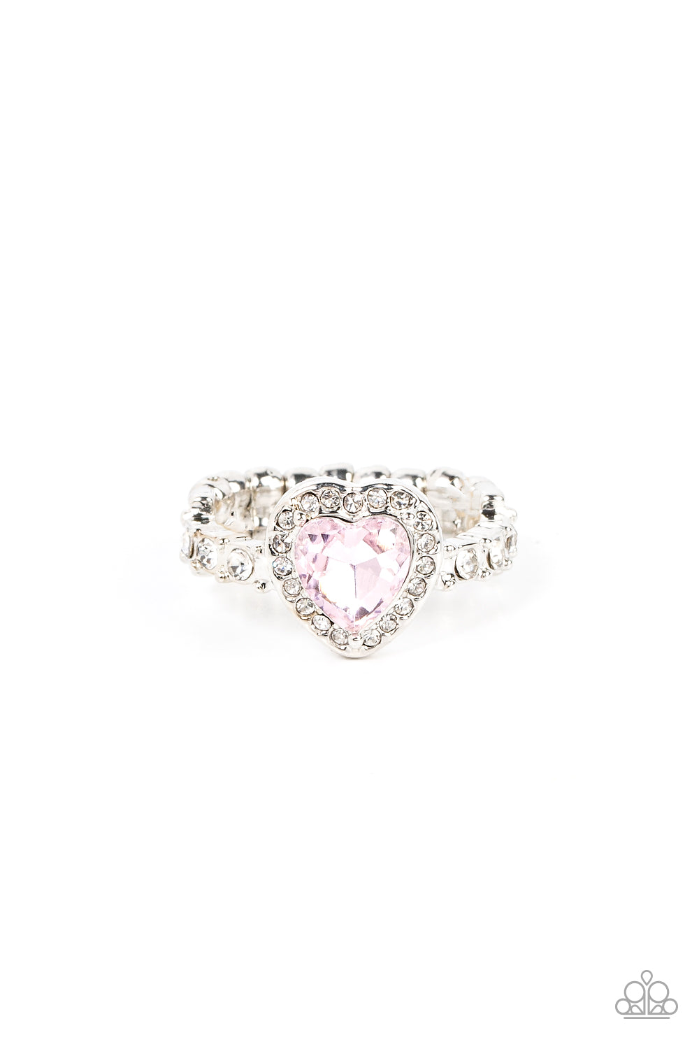 Romantic Reputation Pink Ring - Paparazzi Accessories Bordered in a glassy frame of dainty white rhinestones, a pink heart shaped gem sparkles atop a silver band dotted in brilliant white rhinestones for a romantic finish. Features a dainty stretchy band for a flexible fit. Sold as one individual ring.