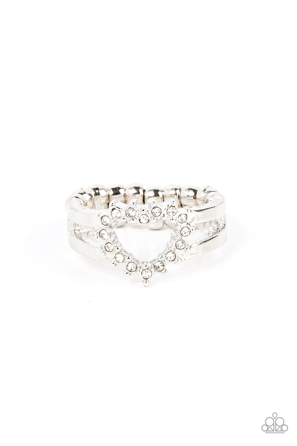 First Kisses White Ring - Paparazzi Accessories White rhinestone pronged silver fittings coalesce into an airy heart frame atop the center of layered silver frames, resulting in a romantic centerpiece atop the finger. Features a dainty stretchy band for a flexible fit. Sold as one individual ring.