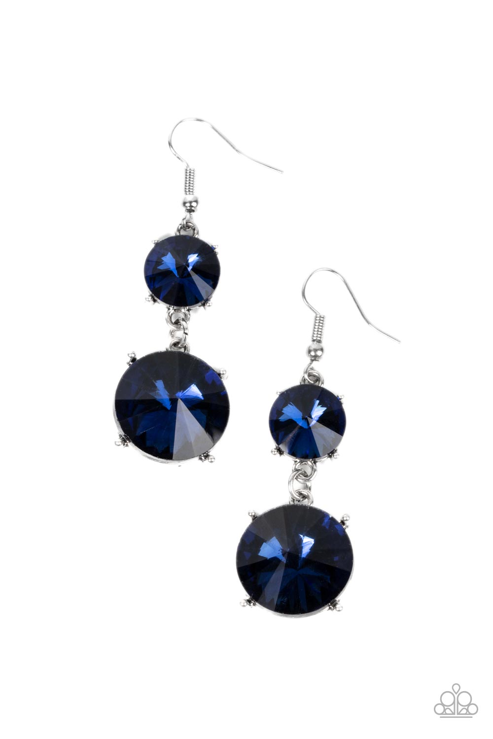 Sizzling Showcase Blue Earring - Paparazzi Accessories Featuring pronged silver fittings, two oversized blue rhinestones dramatically link into a bold smoldering lure as they drip dazzlingly from the ear. Earring attaches to a standard fishhook fitting. Sold as one pair of earrings.