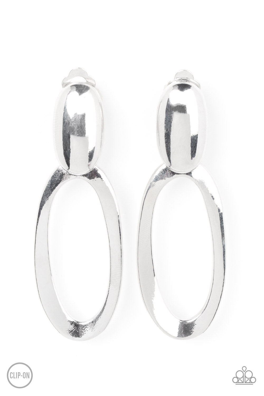 Pull OVAL! Silver Clip-On Earring - Paparazzi Accessories An asymmetrical silver oval hinges from the bottom of a spherical silver oval fitting, resulting in a radiant lure. Earring attaches to a standard clip-on fitting. Sold as one pair of clip-on earrings. P5CO-SVXX-109XX