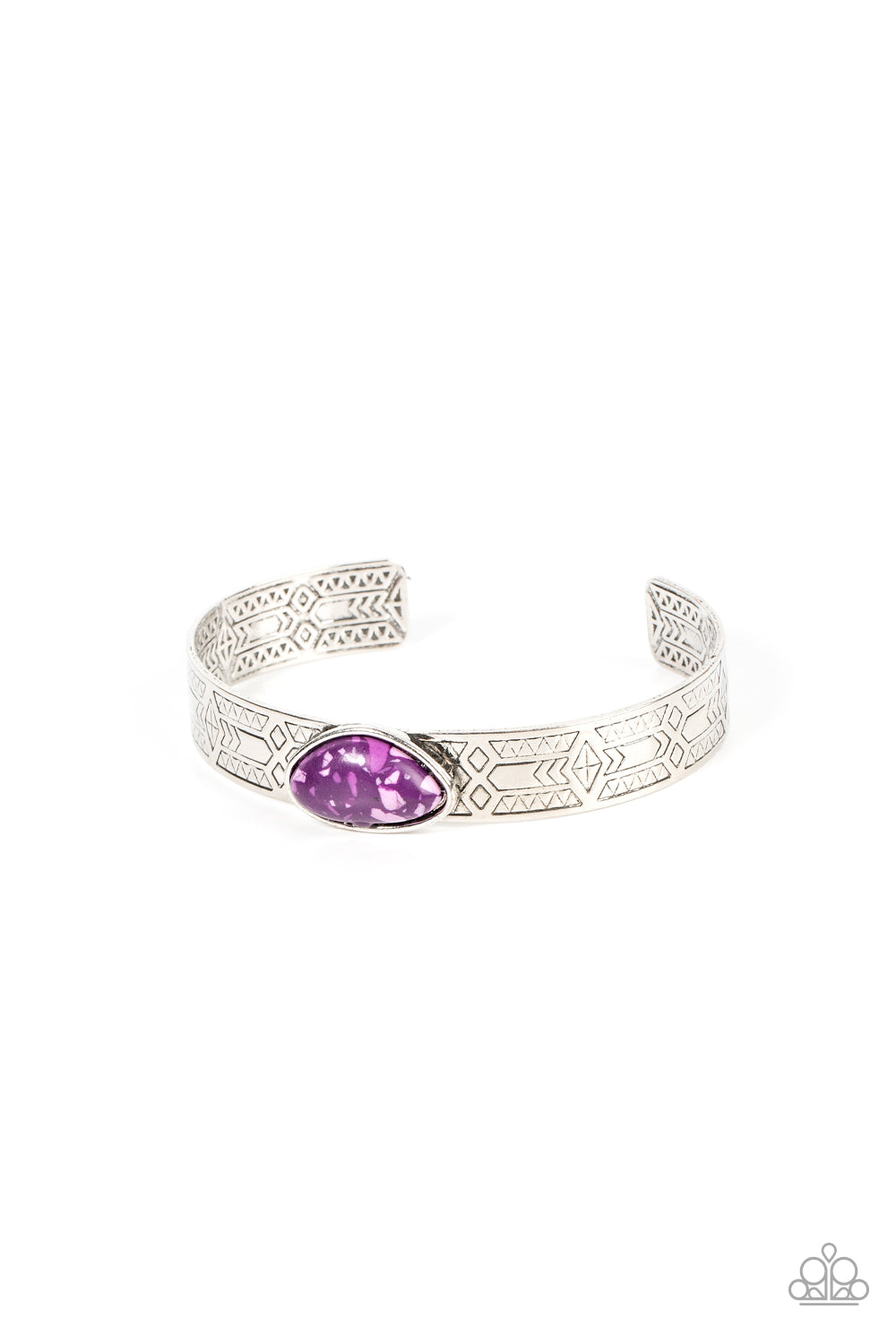 Gobi Glyphs Purple Cuff Bracelet - Paparazzi Accessories Featuring a terrazzo finish, an asymmetrical purple stone is pressed into a silver cuff embossed in geometric texture for an artisanal finish. Sold as one individual bracelet.