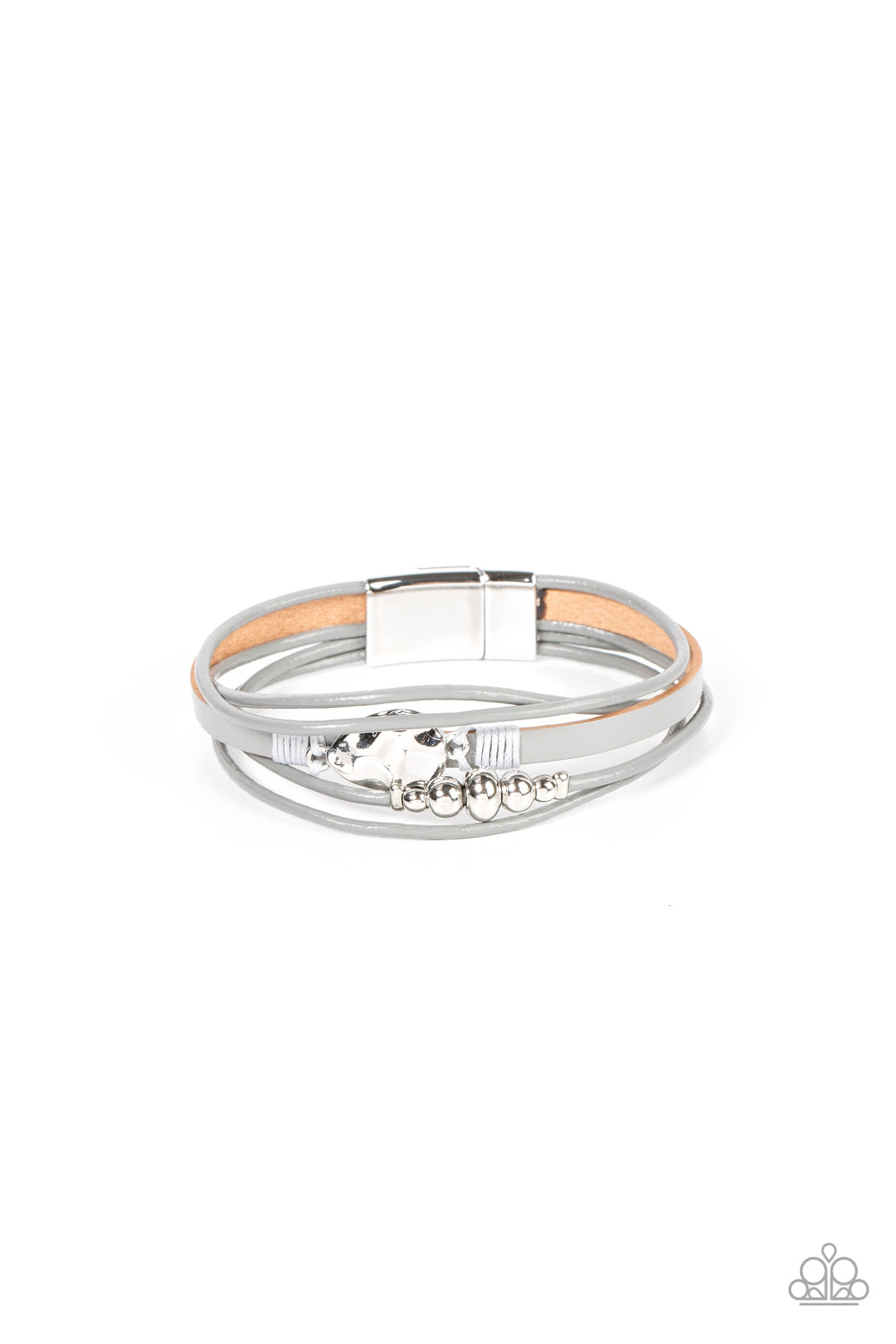 Tahoe Tourist Silver Magnetic Bracelet - Paparazzi Accessories Infused with a silver beaded accent, rows of shiny Ultimate Gray cording join an Ultimate Gray leather band around the wrist. A hammered silver teardrop is knotted in place with Ultimate Gray thread, adding an artisanal touch to the colorfully rustic centerpiece. Features a magnetic closure. Sold as one individual bracelet.