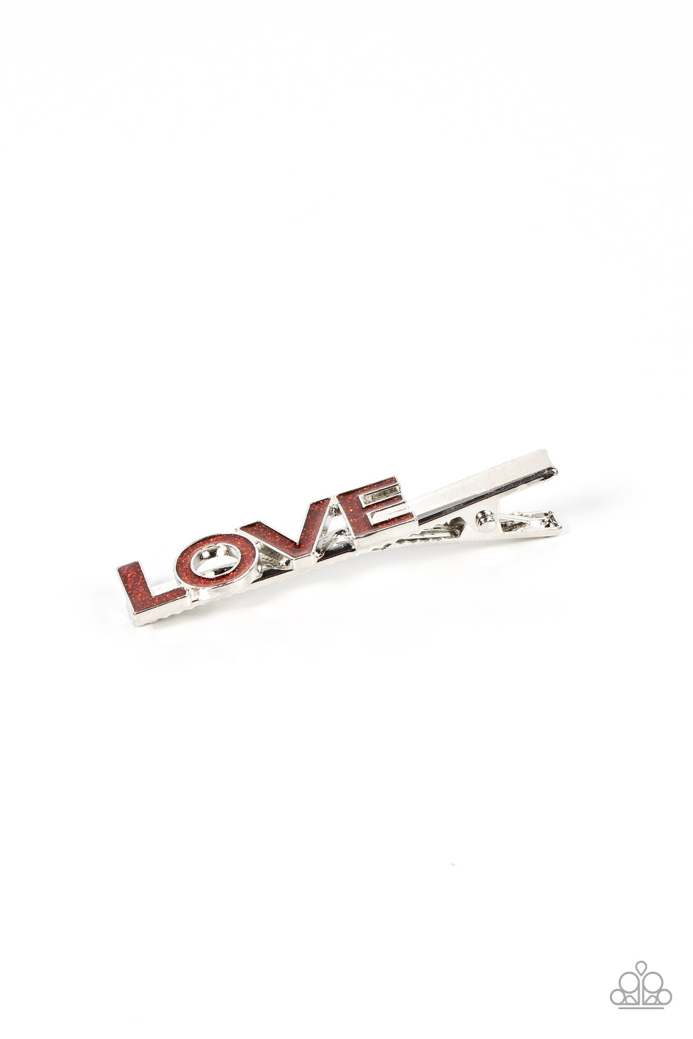 Adored Adornment Red Love Hair Clip - Paparazzi Accessories Featuring a glittery red finish, the word, "Love," is spelled across the front of a pair of silver hair clips for a colorfully charming look. Features standard hair clips on the back. Sold as one pair of hair clips.