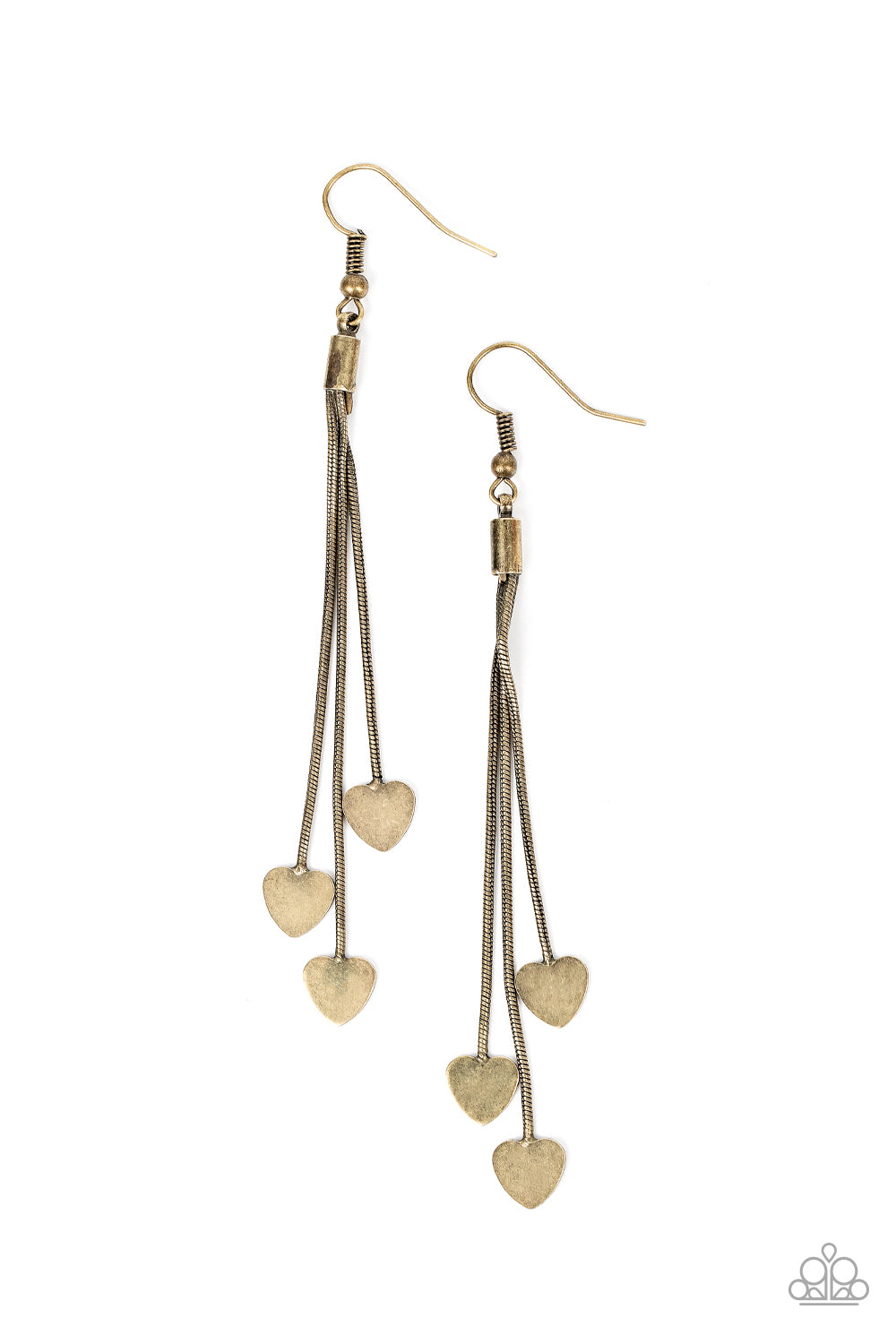 Higher Love Brass Heart Earring - Paparazzi Accessories Rustic brass heart charms delicately trickle from varying lengths of rounded brass snake chain, resulting in a flirtatious tassel. Earring attaches to a standard fishhook fitting. Sold as one pair of earrings.
