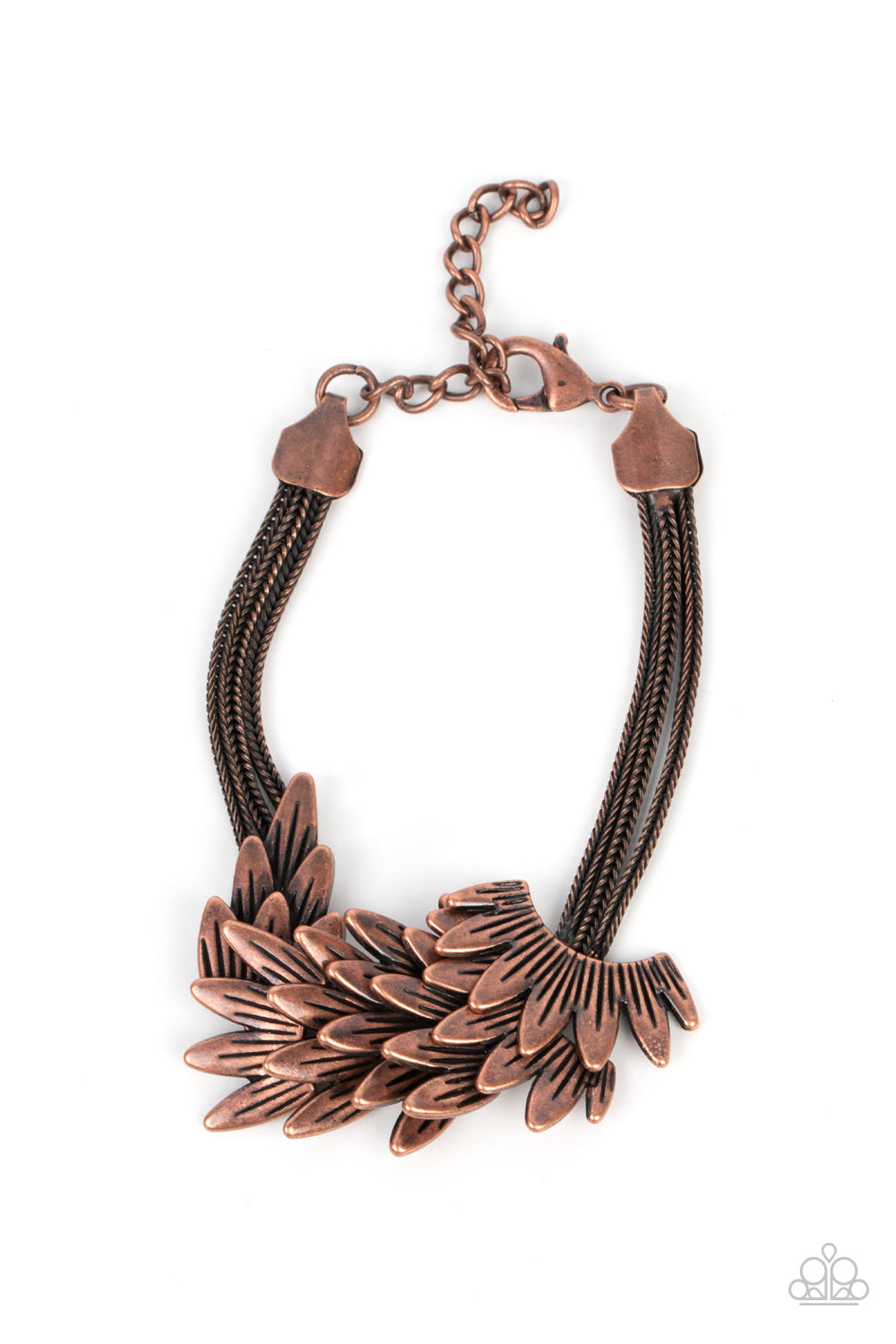 BOA and Arrow Copper Bracelet - Paparazzi Accessories Feathery copper frames delicately overlap across the center of the wrist, creating a boa-like centerpiece atop rows of rustic copper chains. Features an adjustable clasp closure. Sold as one individual bracelet.
