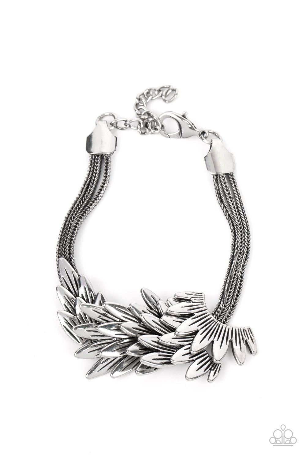 BOA and Arrow Silver Bracelet - Paparazzi Accessories Feathery silver frames delicately overlap across the center of the wrist, creating a boa-like centerpiece atop rows of rustic silver chains. Features an adjustable clasp closure. Sold as one individual bracelet.
