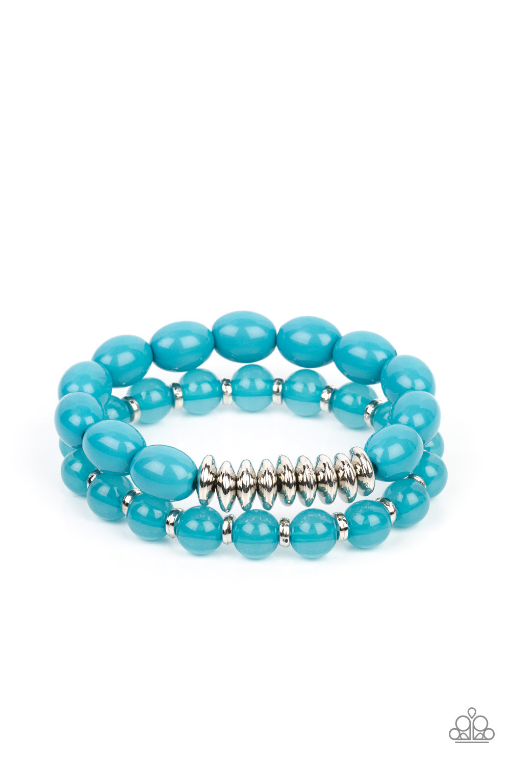 La Vida Vacation Blue Bracelet - Paparazzi Accessories Infused with silver accents, rows of glassy and acrylic blue beads are threaded along stretchy bands around the wrist, resulting in a refreshing pop of color. Sold as a pair of bracelets. P9WH-BLXX-268FI Get The Complete Look! Necklace: "Venetian Voyage - Blue" (Sold Separately)