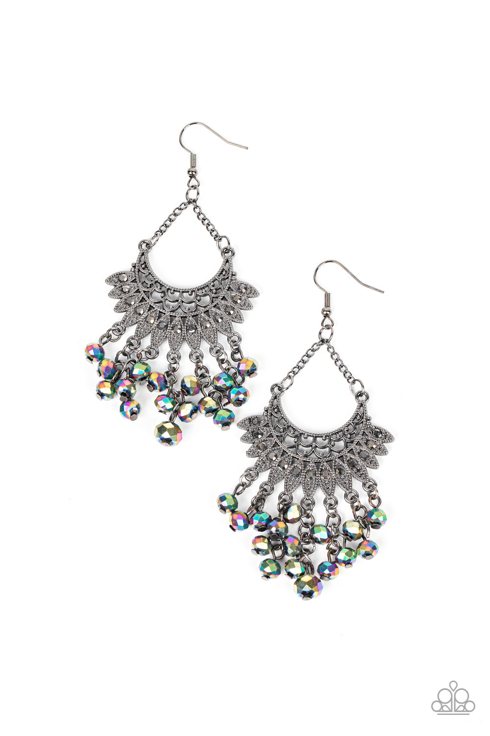 Chromatic Cascade Multi Earring - Paparazzi Accessories Tassels of metallic oil spill crystal-like beads cascade from the bottom of a fan of hematite rhinestone dotted frames that flare out from a filigree filled half moon frame, resulting in a glitzy fringe suspended by dainty gunmetal chains. Earring attaches to a standard fishhook fitting. Sold as one pair of earrings. P5ED-MTXX-040XX