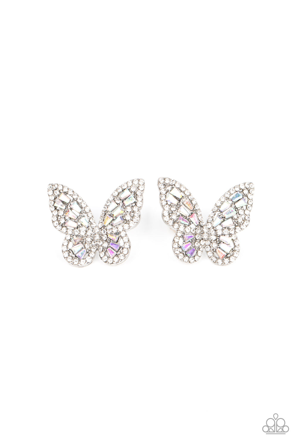 Smooth Like FLUTTER Multi Earring - Paparazzi Accessories Bordered in dainty white rhinestones, emerald cut iridescent rhinestones sparkle inside the silver wings of a butterfly for an enchanting fashion. Earring attaches to a standard post fitting. Sold as one pair of post earrings.