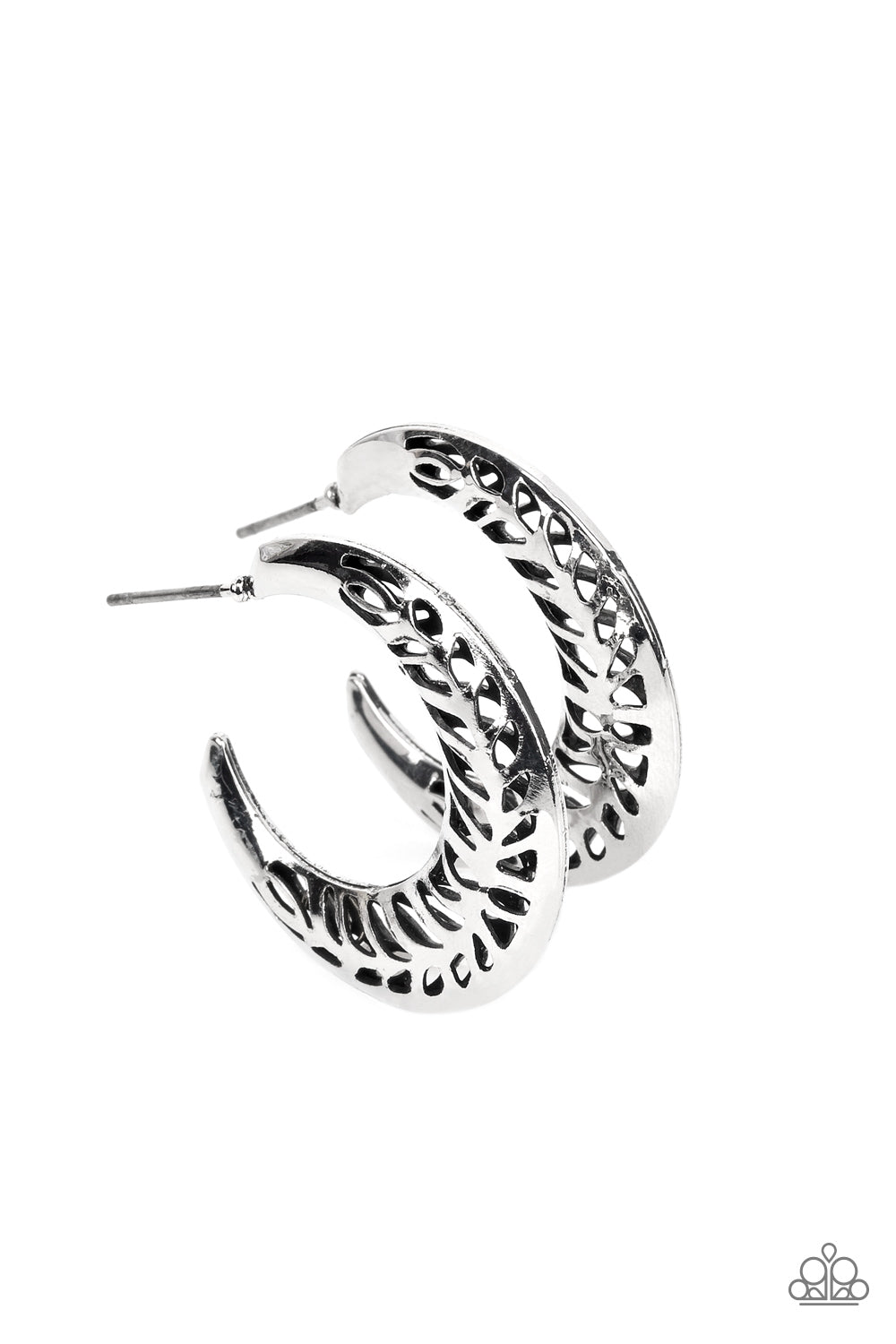 Wanderlust Wilderness Silver Hoop Earring - Paparazzi Accessories Airy leafy cutouts climb two curved silver frames that join into a rustic hoop, resulting in a seasonal shimmer. Earring attaches to a standard post fitting. Hoop measures approximately 1 1/4" in diameter. Sold as one pair of hoop earrings.