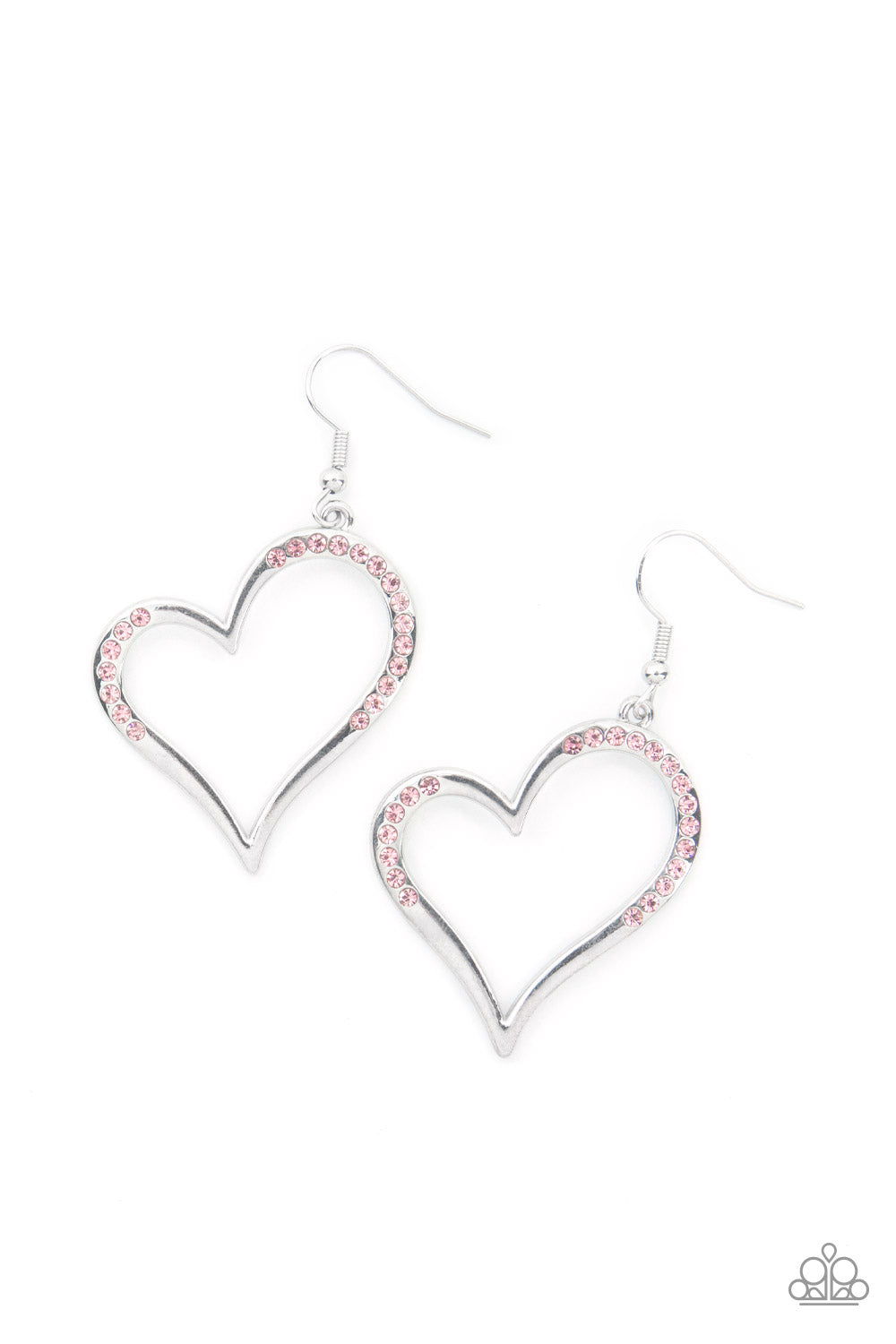 Tenderhearted Twinkle Pink Heart Earring - Paparazzi Accessories A curvaceous silver heart is encrusted in sections of glittery pink rhinestones, invoking a flirtatious flair. Earring attaches to a standard fishhook fitting. Sold as one pair of earrings.