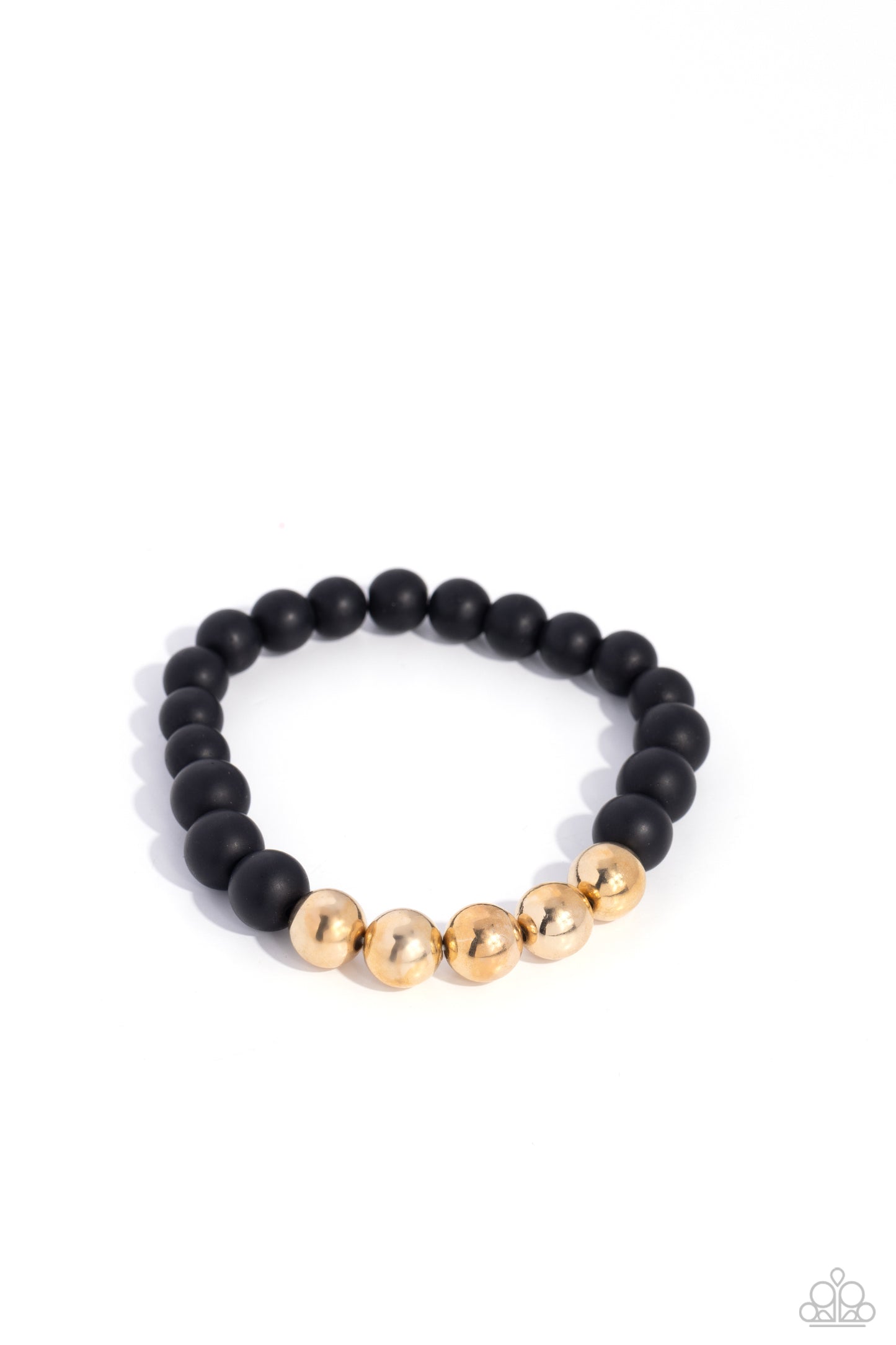 METALHEAD in the Clouds Gold Unisex Bracelet - Paparazzi Accessories A section of gold beads joins polished black stone beads along stretchy bands around the wrist, resulting in a metallic edge. Sold as one individual bracelet. P9SE-URGD-033XX
