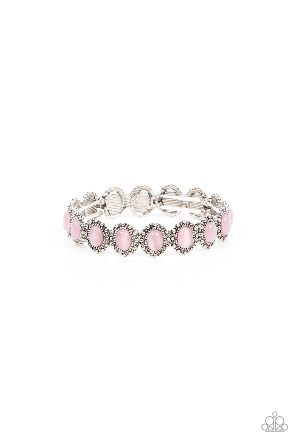 Sweet Oblivion Pink Bracelet - Paparazzi Accessories Bordered in dainty silver studs, pairs of pink cat's eye stones are threaded along stretchy bands around the wrist for a dreamy fashion. Sold as one individual bracelet. P9WH-PKXX-276XX