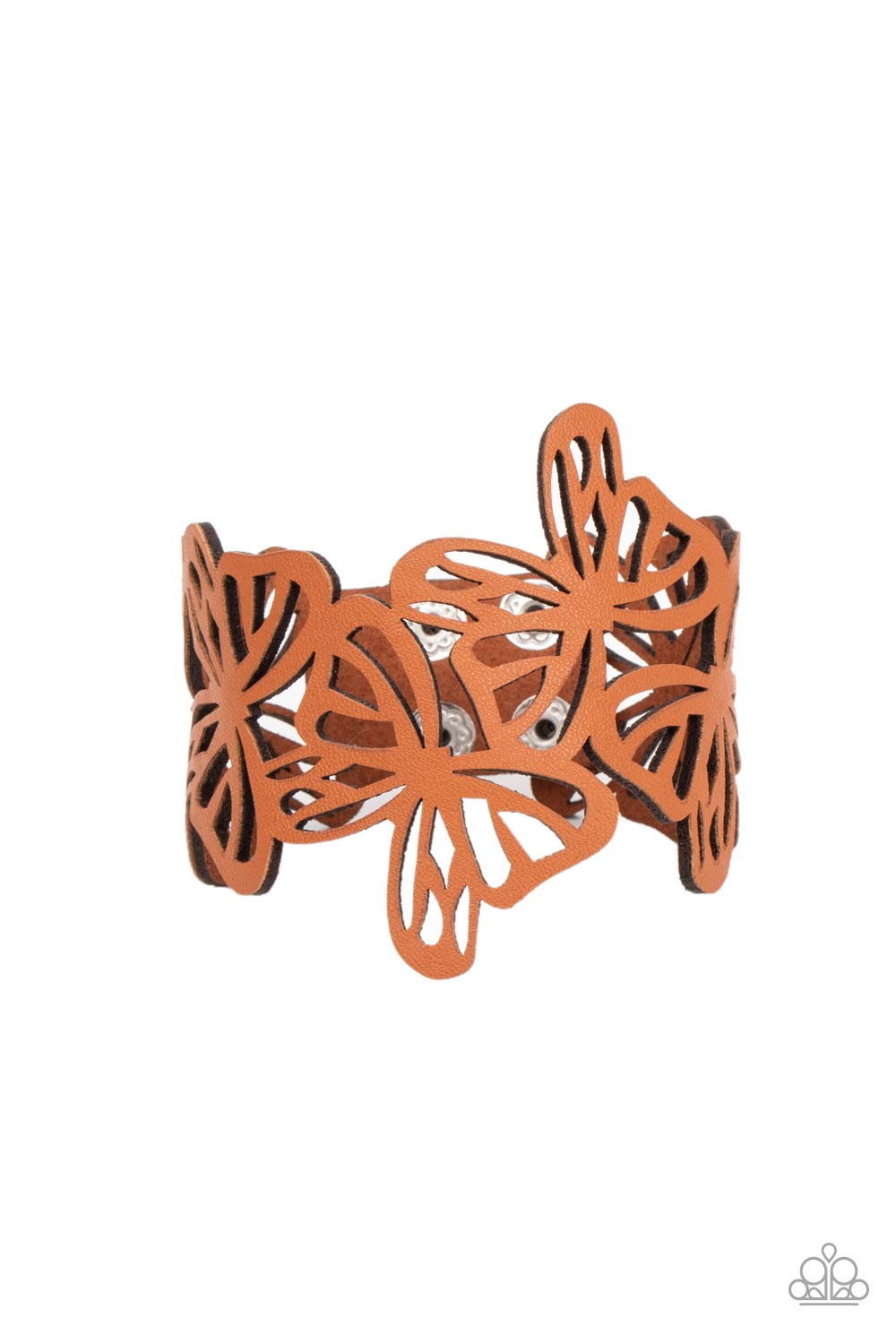 Butterfly Breeze Brown Bracelet - Paparazzi Accessories Featuring an airy stenciled pattern, brown leather butterflies flutter across the wrist as they delicately connect into a rustic centerpiece. Features an adjustable snap closure. Sold as one individual bracelet.