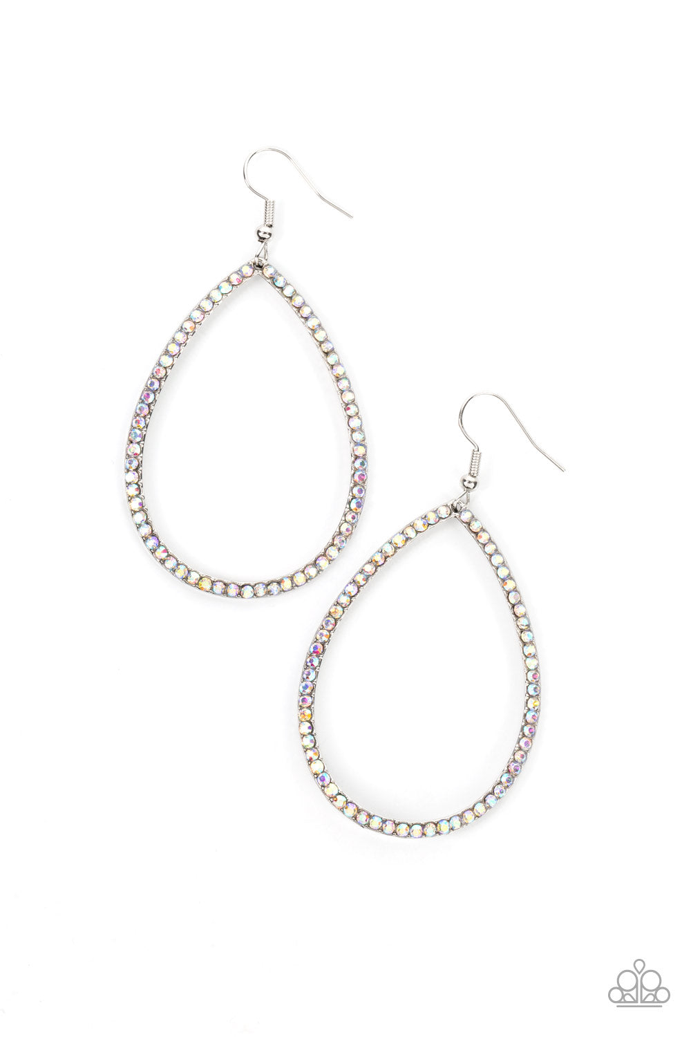 Black Tie Optional Multi Earring - Paparazzi Accessories Iridescent rhinestones are encrusted across the front of a slightly beveled silver teardrop, exploding into a palpable sparkle. Earring attaches to a standard fishhook fitting. Due to its prismatic palette, color may vary. Sold as one pair of earrings.
