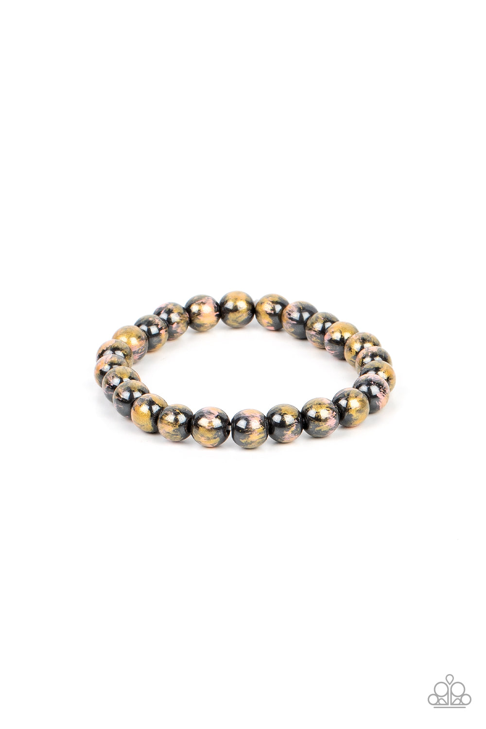 Astro Artistry Pink Bracelet - Paparazzi Accessories Speckled in gold and pink paint, shiny gunmetal beads are threaded along stretchy bands around the wrist for a stellar effect. Sold as one individual bracelet.