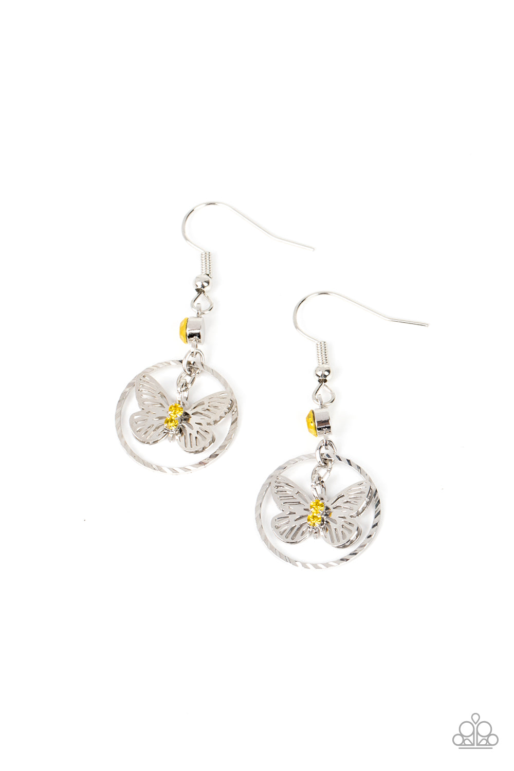 Fabulous Flutter Yellow Butterfly Earring - Paparazzi Accessories Dotted with glassy yellow rhinestones, a dainty silver butterfly flutters inside of a textured silver hoop at the bottom of a solitaire yellow rhinestone for an enchanting fashion. Earring attaches to a standard fishhook fitting. Sold as one pair of earrings.