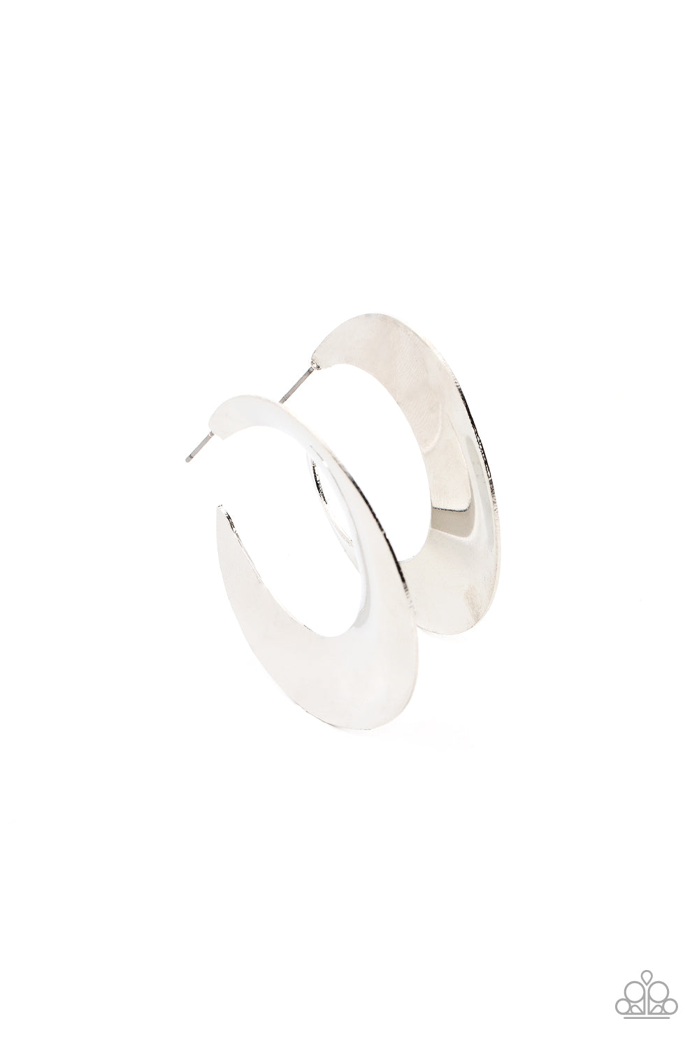 Power Curves Silver Hoop Earring - Paparazzi Accessories A flat silver hoop widens and bevels at the center, curving into a dramatic shimmer. Earring attaches to a standard post fitting. Hoop measures approximately 2" in diameter. Sold as one pair of hoop earrings.