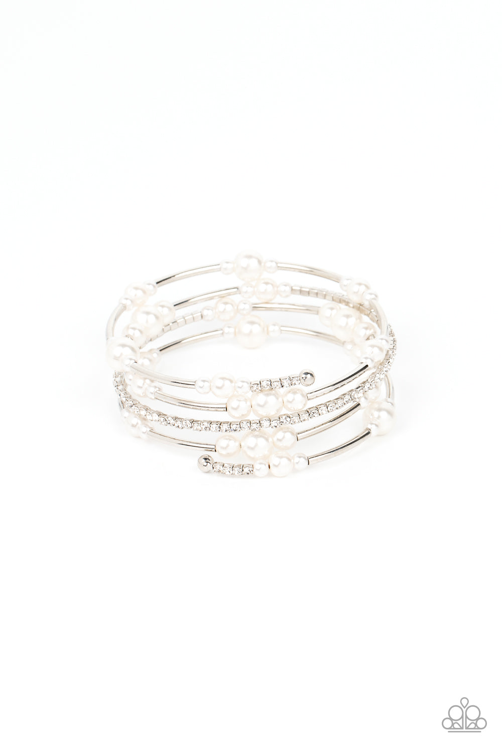 Marina Masterpiece White Bracelet - Paparazzi Accessories Bubbly white pearls, cylindrical silver beads, and glassy white rhinestones are threaded along a coiled wire, resulting in a timeless infinity wrap bracelet around the wrist. Sold as one individual bracelet.