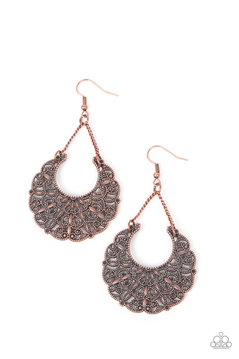 Country Cornucopia Copper Earring - Paparazzi Accessories Suspended by two dainty copper chains, a scalloped copper half moon frame is abloom with a leafy and studded floral motif for a rustic flair. Earring attaches to a standard fishhook fitting. Sold as one pair of earrings. P5WH-CPXX-168XX