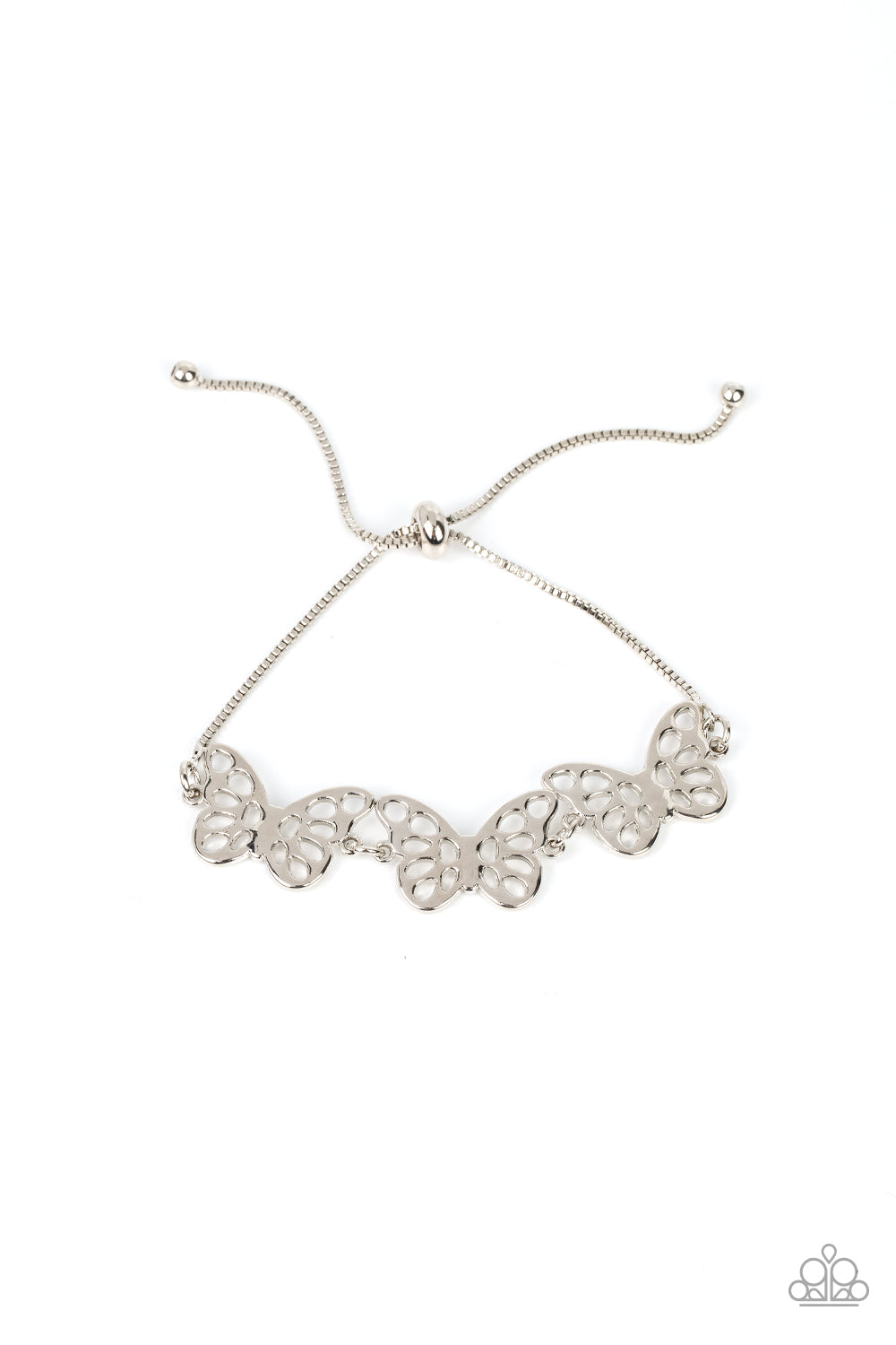 Put a WING on It Silver Bracelet - Paparazzi Accessories Featuring airy stenciled cutouts, three silver butterflies delicately connect at the center of a silver box chain for a whimsical fashion. Features an adjustable sliding bead closure. Sold as one individual bracelet.