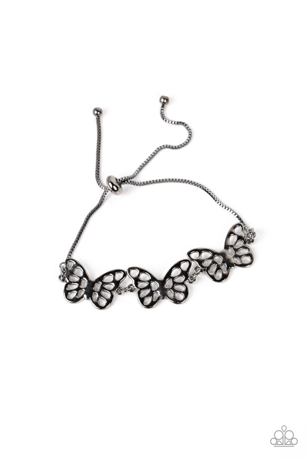 Put a WING on It Black Bracelet - Paparazzi Accessories Featuring airy stenciled cutouts, three gunmetal butterflies delicately connect at the center of a gunmetal box chain for a whimsical fashion. Features an adjustable sliding bead closure. Sold as one individual bracelet.