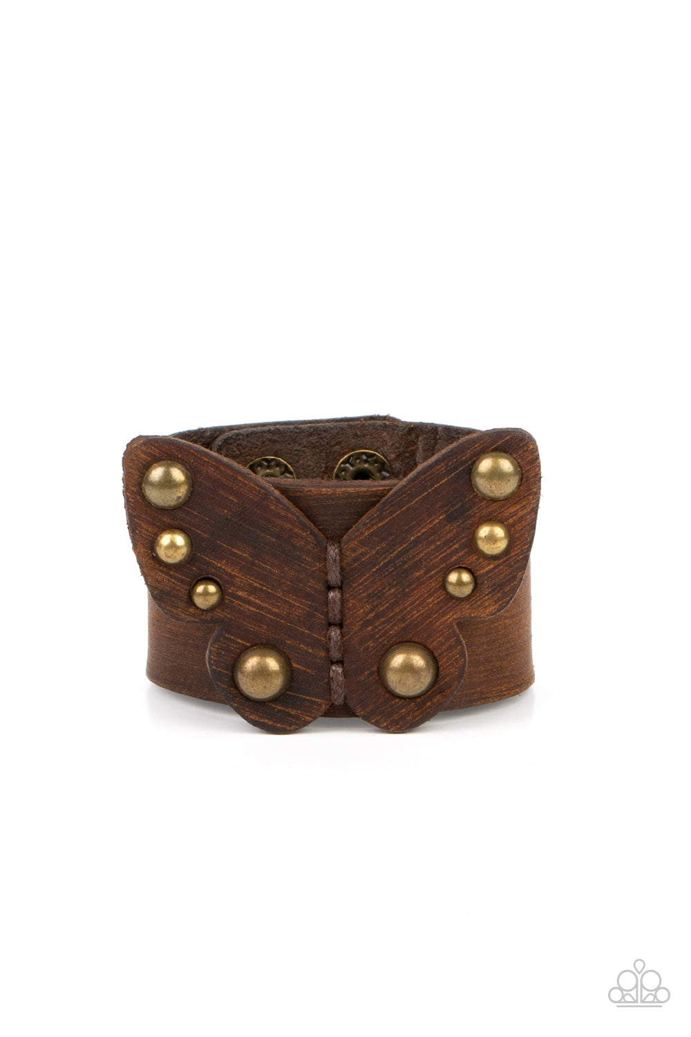 Butterfly Farm Brass Wrap Bracelet - Paparazzi Accessories Dotted with antiqued brass studs, a distressed leather butterfly is studded in place across the center of a distressed brown leather band for a rustic flair. Features an adjustable snap closure. Sold as one individual bracelet. P9UR-BRXX-058XX