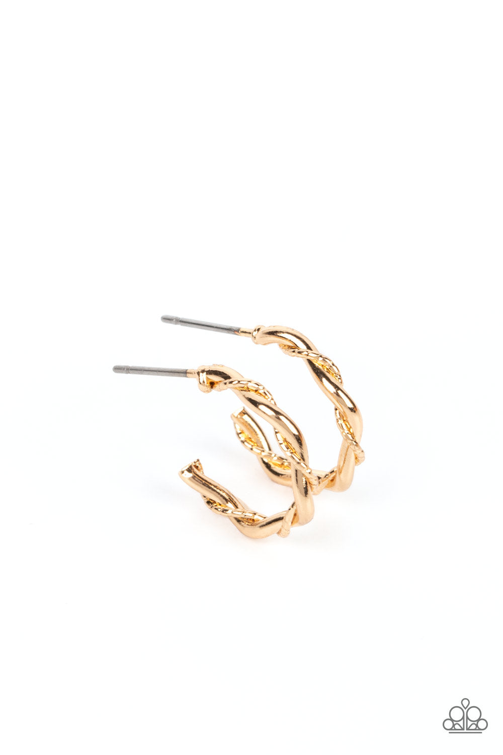 Irresistibly Intertwined Gold Hoop Earring - Paparazzi Accessories A mismatched pair of glistening gold wires delicately twists into a classic hoop, creating a dainty peek of shimmer. Earring attaches to a standard post fitting. Hoop measures approximately 1/2" in diameter. Sold as one pair of hoop earrings.