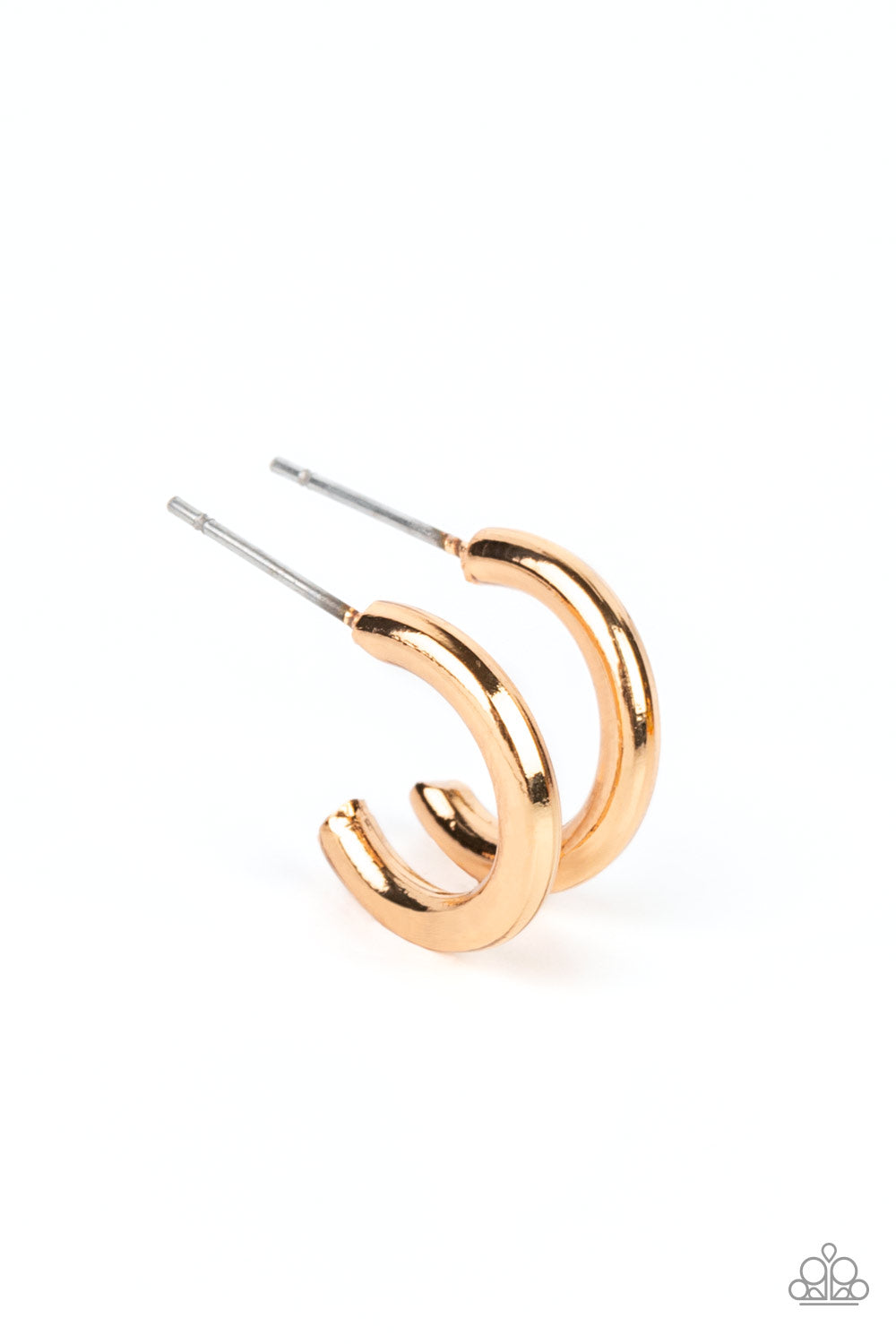 Small-Scale Shimmer Gold Hoop Earring - Paparazzi Accessories A bold gold bar gently curves into a dainty hoop, creating a classic shimmer. Earring attaches to a standard post fitting. Hoop measures approximately 1/2" in diameter. Sold as one pair of hoop earrings.