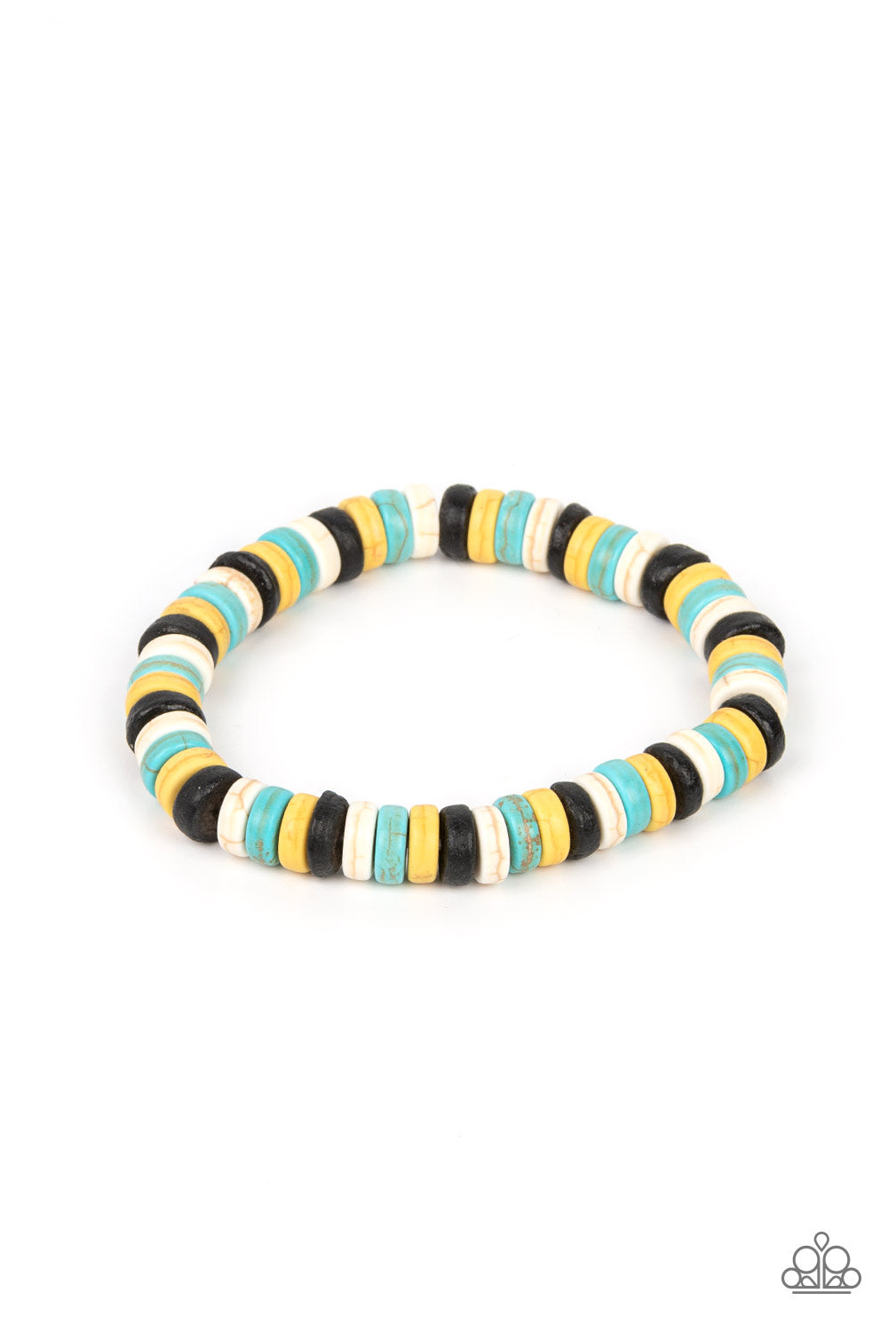 Rural Rocker Blue Bracelet - Paparazzi Accessories Imperfect black, yellow, turquoise, and white stone discs are threaded along stretchy bands, creating an earthy pop of color around the wrist. Sold as one individual bracelet. P9SE-URBL-212XX