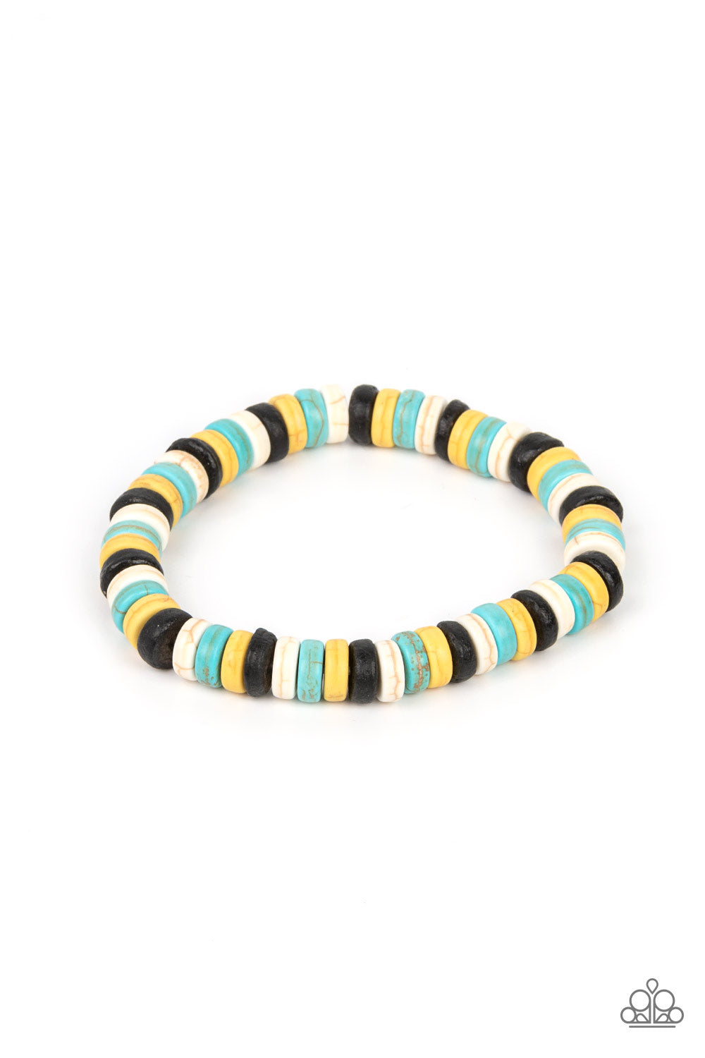 Rural Rocker Blue Bracelet - Paparazzi Accessories  Imperfect black, yellow, turquoise, and white stone discs are threaded along stretchy bands, creating an earthy pop of color around the wrist.  Sold as one individual bracelet.  P9SE-URBL-212XX