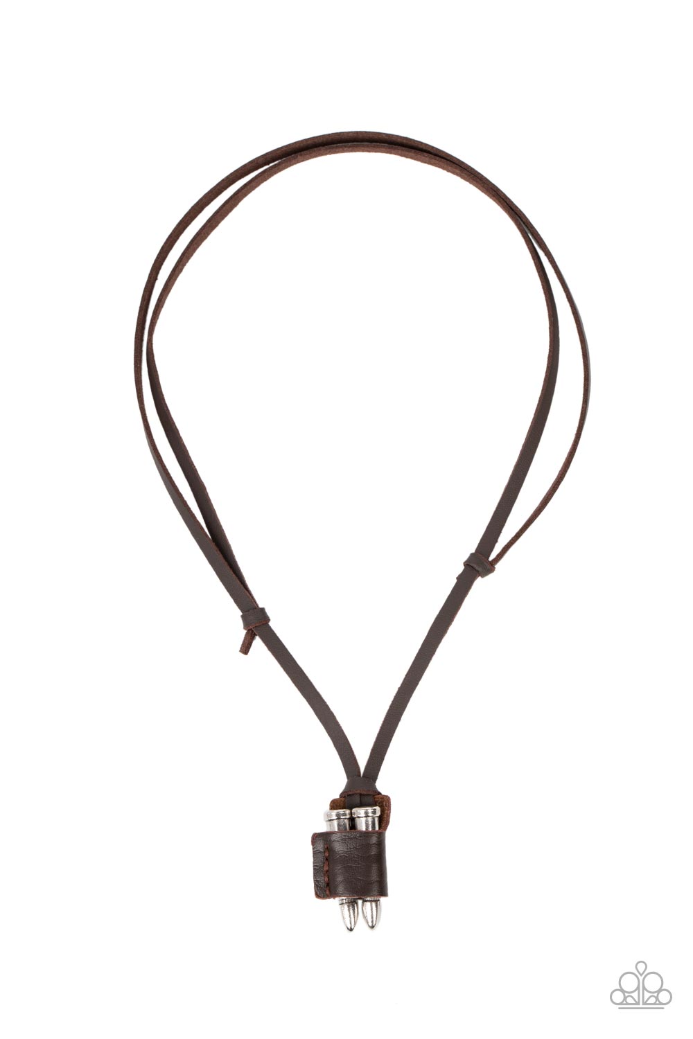 On the Lookout Brown Unisex Necklace - Paparazzi Accessories A piece of brown leather wraps around a pair of silver bullets, creating an edgy urban pendant at the bottom of knotted strands of brown leather. Features an adjustable sliding knot closure. Sold as one individual necklace.