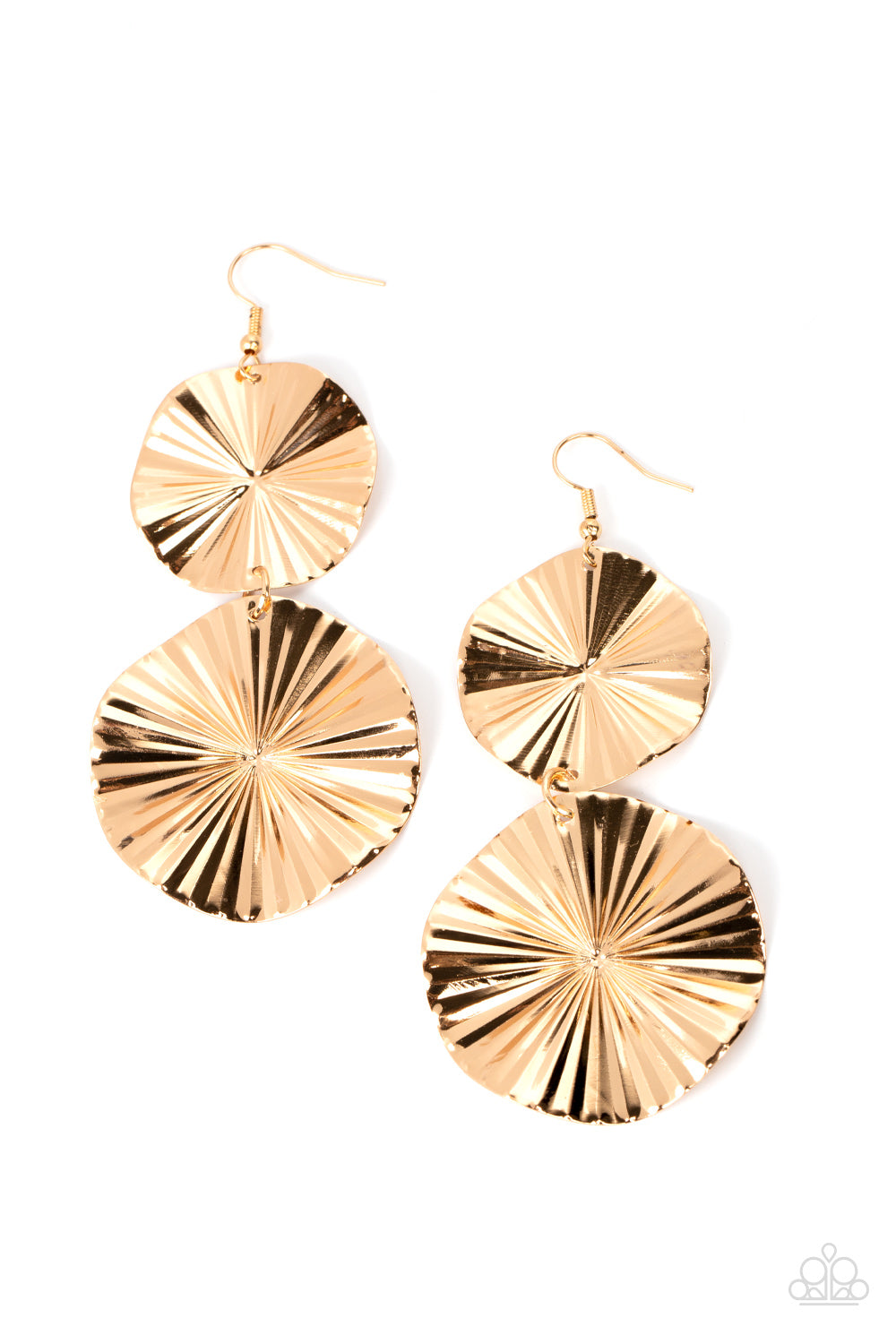In Your Wildest FAN-tasy Gold Earring - Paparazzi Accessories Crinkled with texture, folded gold discs radiate as they delicately link into a tactile lure for a stunning metallic finish. Earring attaches to a standard fishhook fitting. Featured inside The Preview at GLOW! Sold as one pair of earrings. New KitNew Kit"