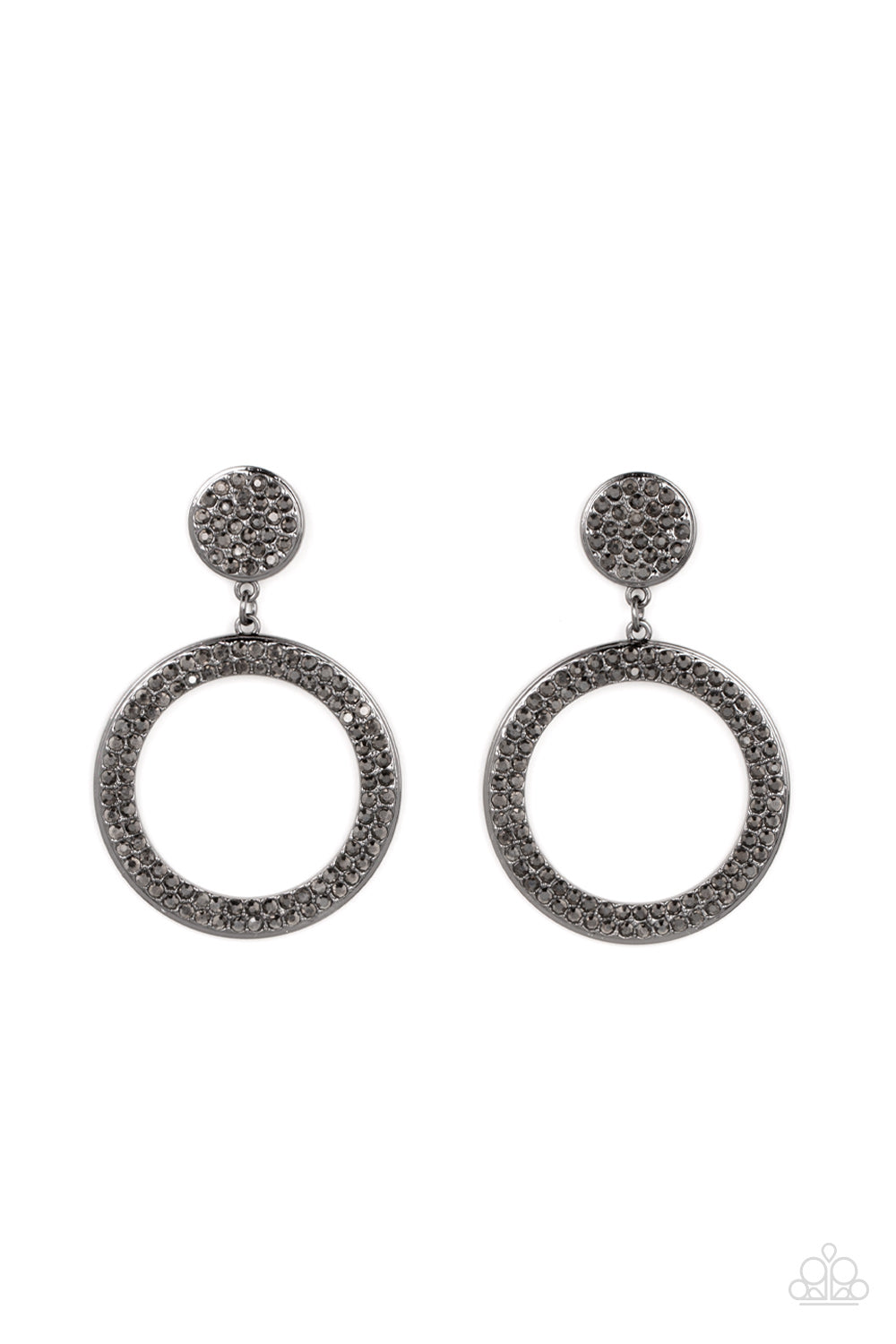 GLOW You Away Black Post Earring - Paparazzi Accessories Encrusted in rows of smoky hematite rhinestones, a flat gunmetal hoop swings from the bottom of a hematite rhinestone dotted gunmetal frame for a statement-making finish. Earring attaches to a standard post fitting. Sold as one pair of post earrings. P5PO-BKXX-207XX
