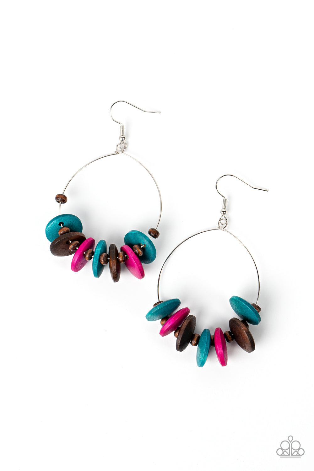 Surf Camp Multi Wood Earring - Paparazzi Accessories Separated by dainty brown wooden beads, Harbor Blue, brown, and pink wooden discs are threaded along a dainty wire hoop for a colorful tropical flair. Earring attaches to a standard fishhook fitting. Sold as one pair of earrings. P5SE-MTXX-154XX