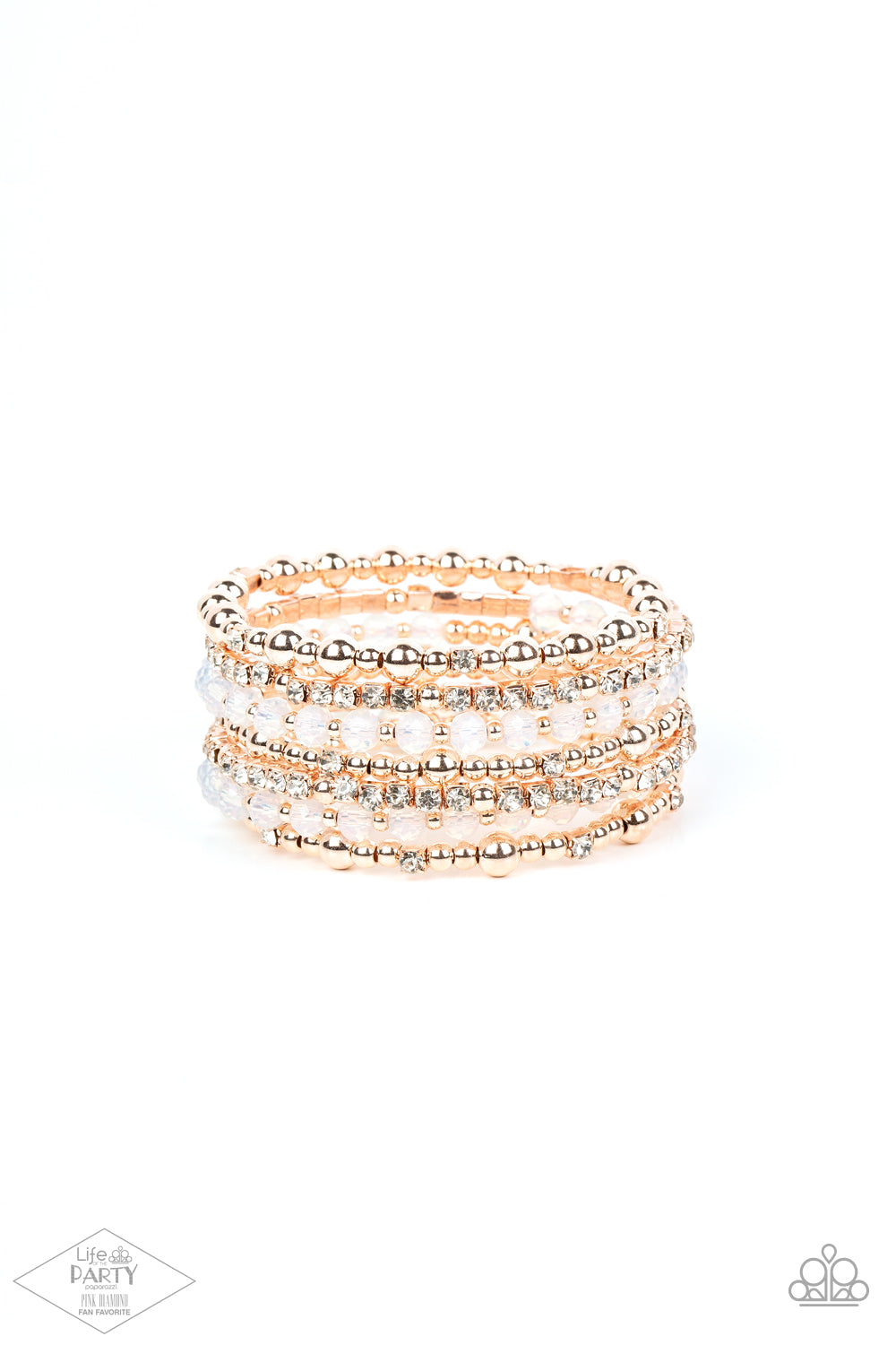 ICE Knowing You Rose Gold Bracelet - Paparazzi Accessories An icy collection of rose gold beads, rose gold cubes, opaque crystals, and glassy white rhinestones are threaded along a coiled wire, creating a blinding infinity wrap style bracelet around the wrist. Sold as one individual bracelet. This Fan Favorite is back in the spotlight at the request of our 2021 Life of the Party member with Pink Diamond Access, Crystal R.