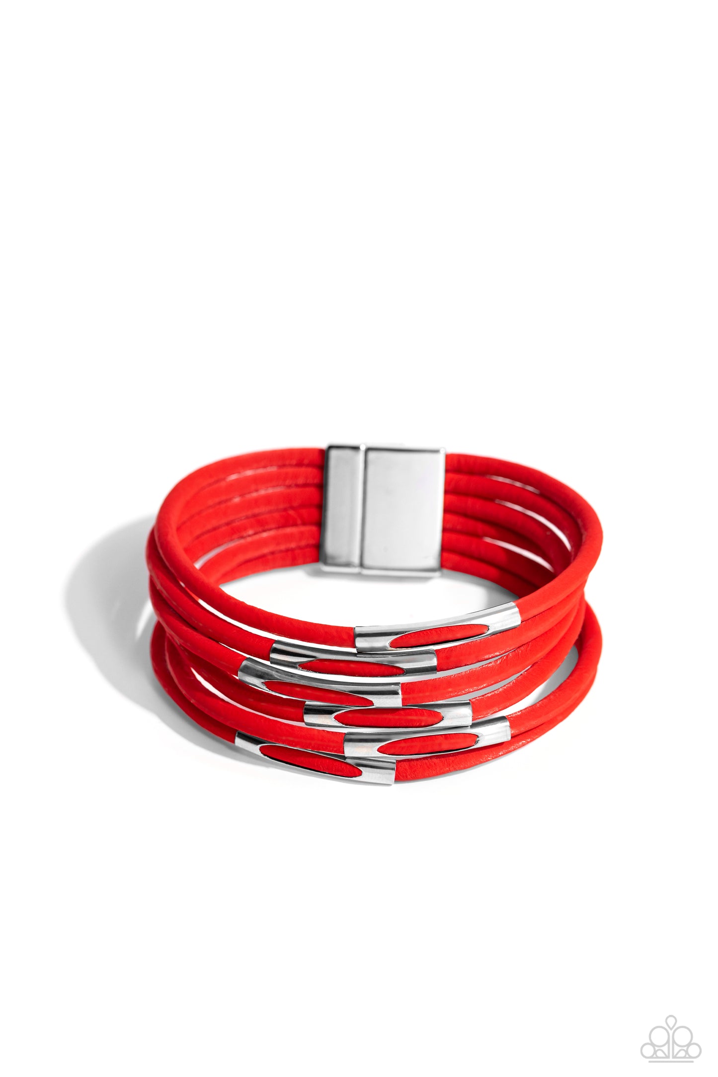 Magnetic Personality Red Magnetic Bracelet - Paparazzi Accessories Cylindrical silver accents are threaded along strands of velvety red cords across the wrist, creating magnificent layers. Features a magnetic closure. Sold as one individual bracelet. Sku: P9ED-RDXX-026XX